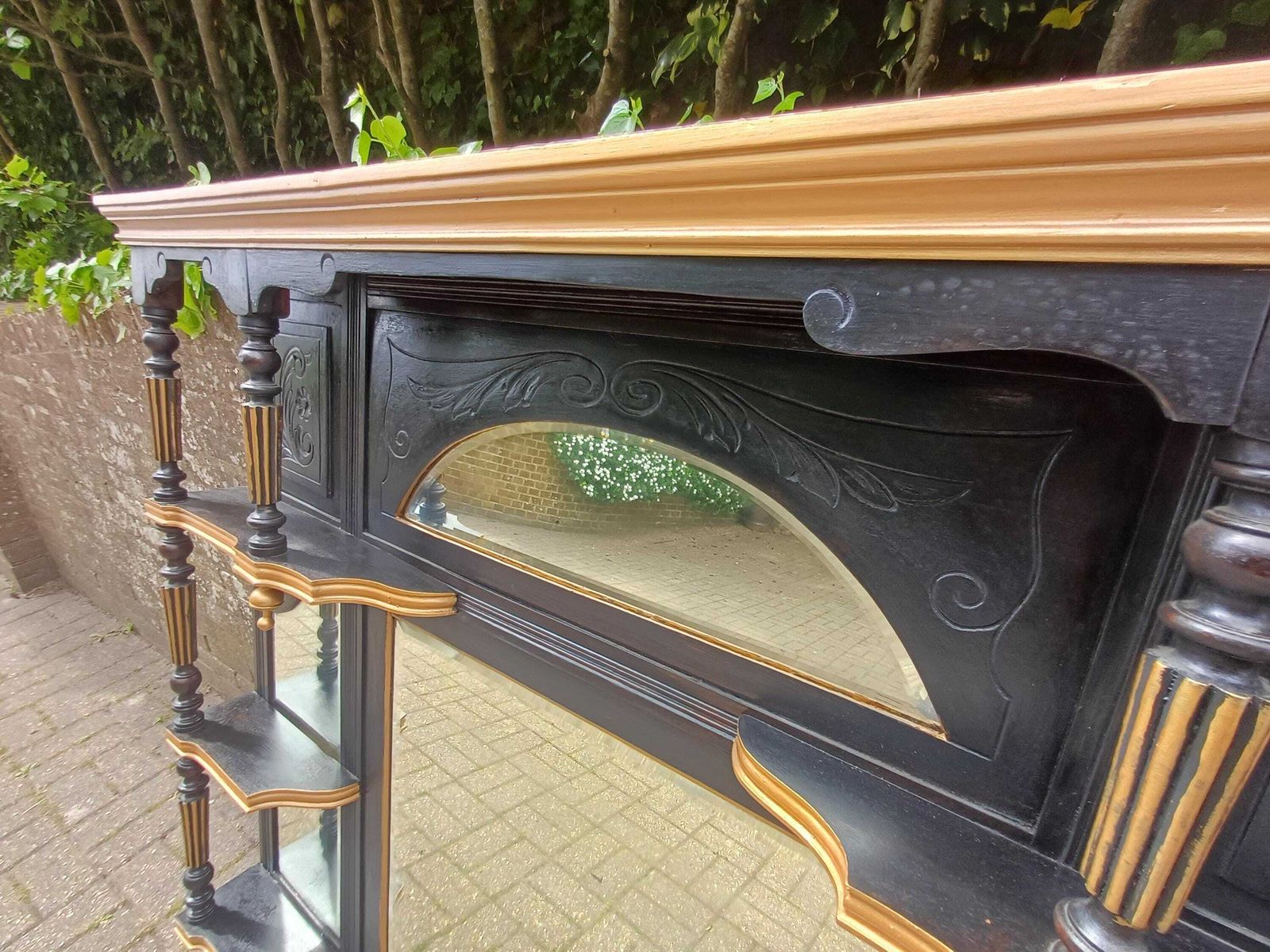 Massive Victorian Over Mantel Mirror Black Gold Painted Mahogany Walnut Shelved Antique Mirror 1890s Statement Piece Free Hand Delivery photo Furniture