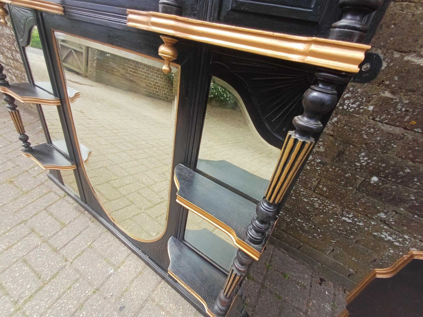 Massive Victorian Over Mantel Mirror Black Gold Painted Mahogany Walnut Shelved Antique Mirror 1890s Statement Piece Free Hand Delivery photo vinterior