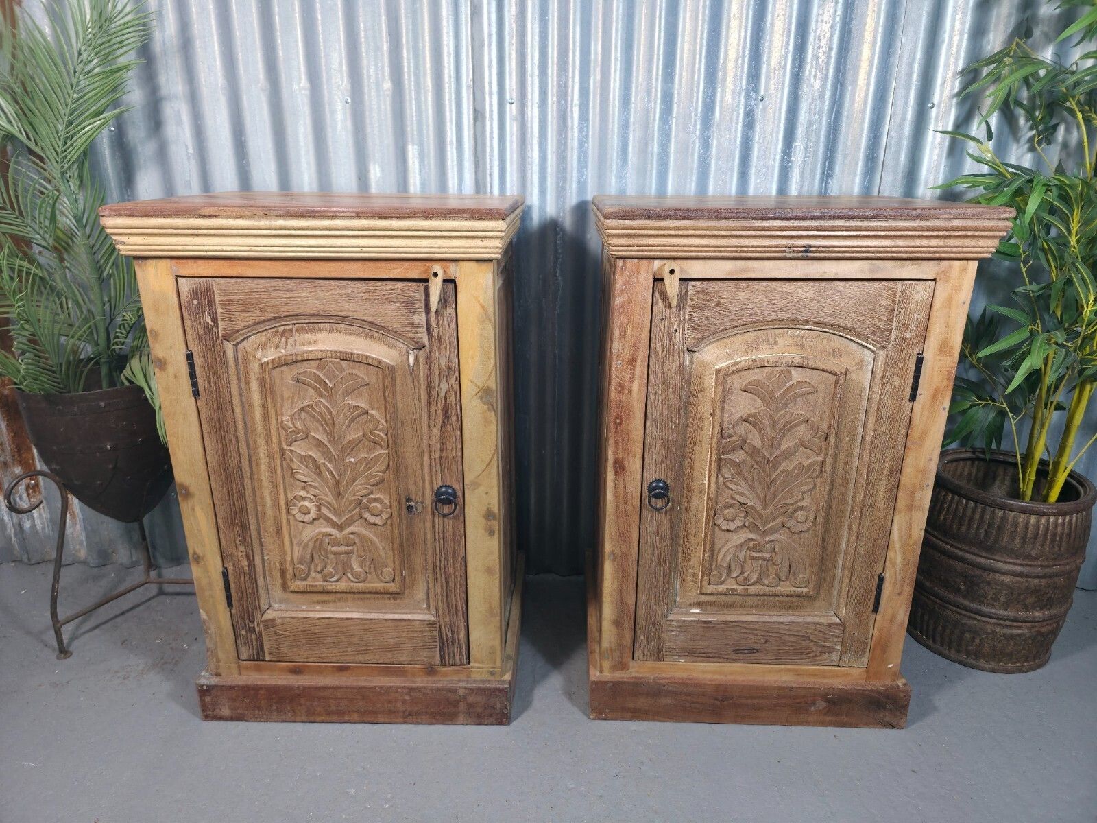 Vintage Reclaimed Pair Wooden Indian Carved Bedside Tables Cupboards Cabinets
