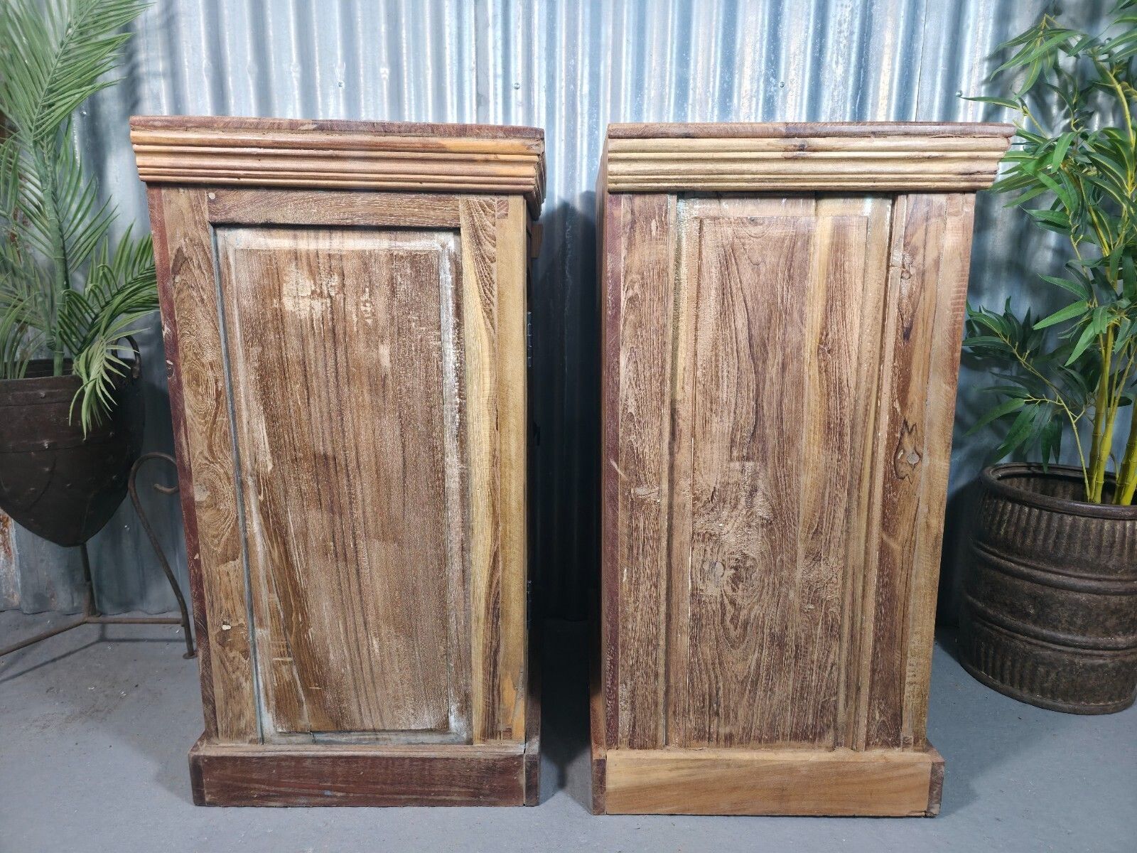 Vintage Reclaimed Pair Wooden Indian Carved Bedside Tables Cupboards Cabinets photo buy
