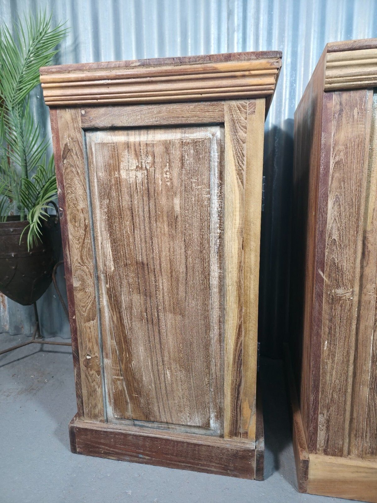 Vintage Reclaimed Pair Wooden Indian Carved Bedside Tables Cupboards Cabinets photo vintage