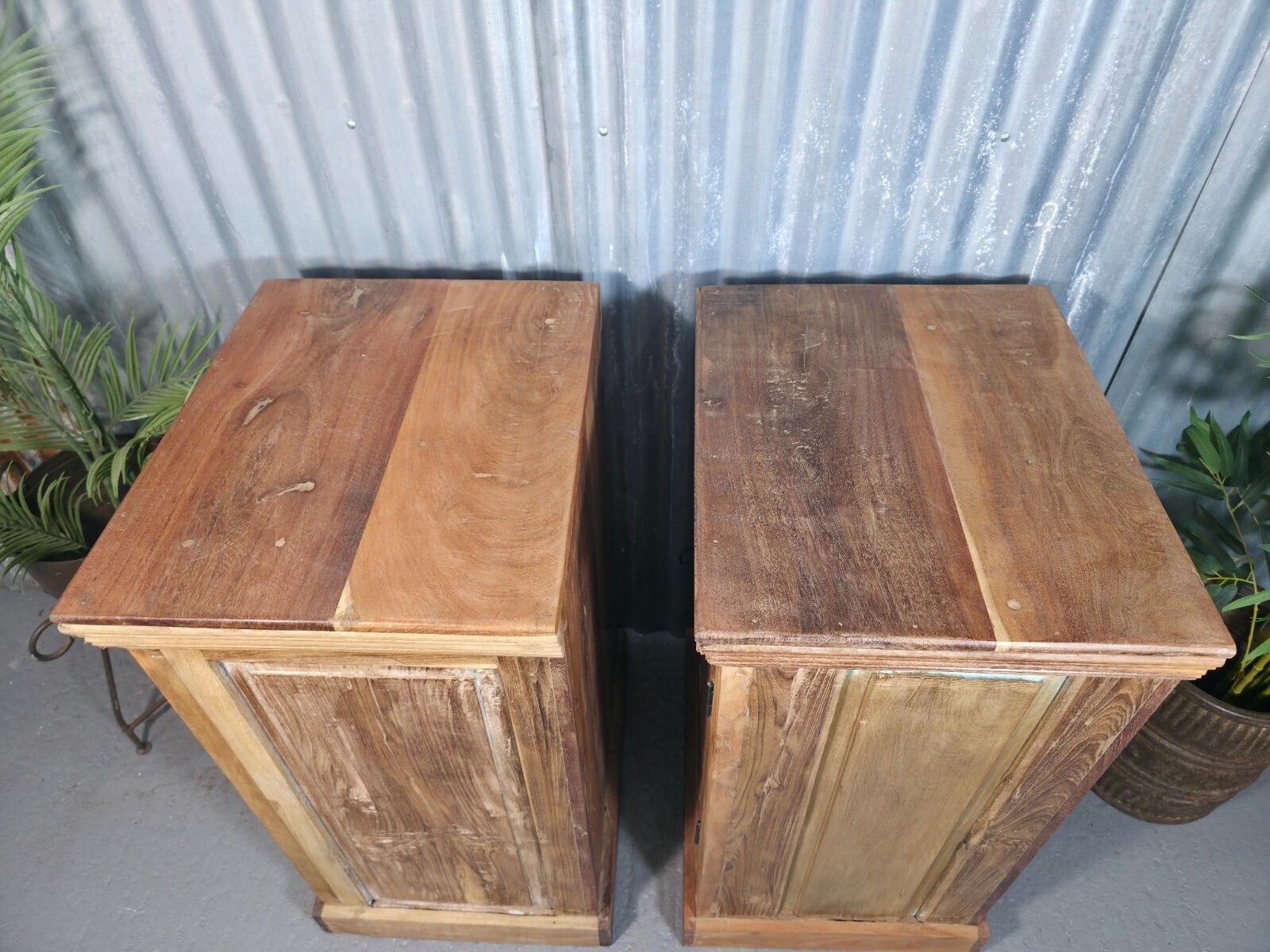 Furniture Vintage Reclaimed Pair Wooden Indian Carved Bedside Tables Cupboards Cabinets photo