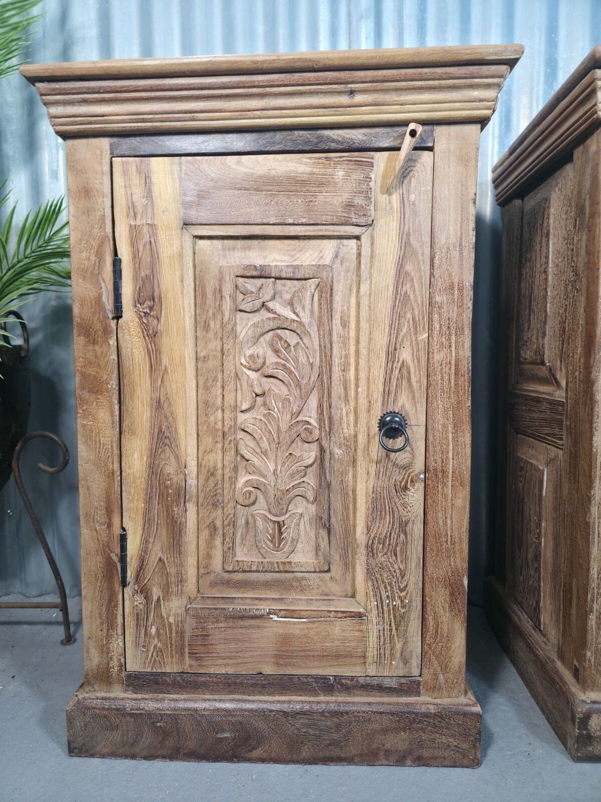 Vintage Reclaimed Pair Wooden Indian Carved Bedside Tables Cupboards Cabinets photo furniture