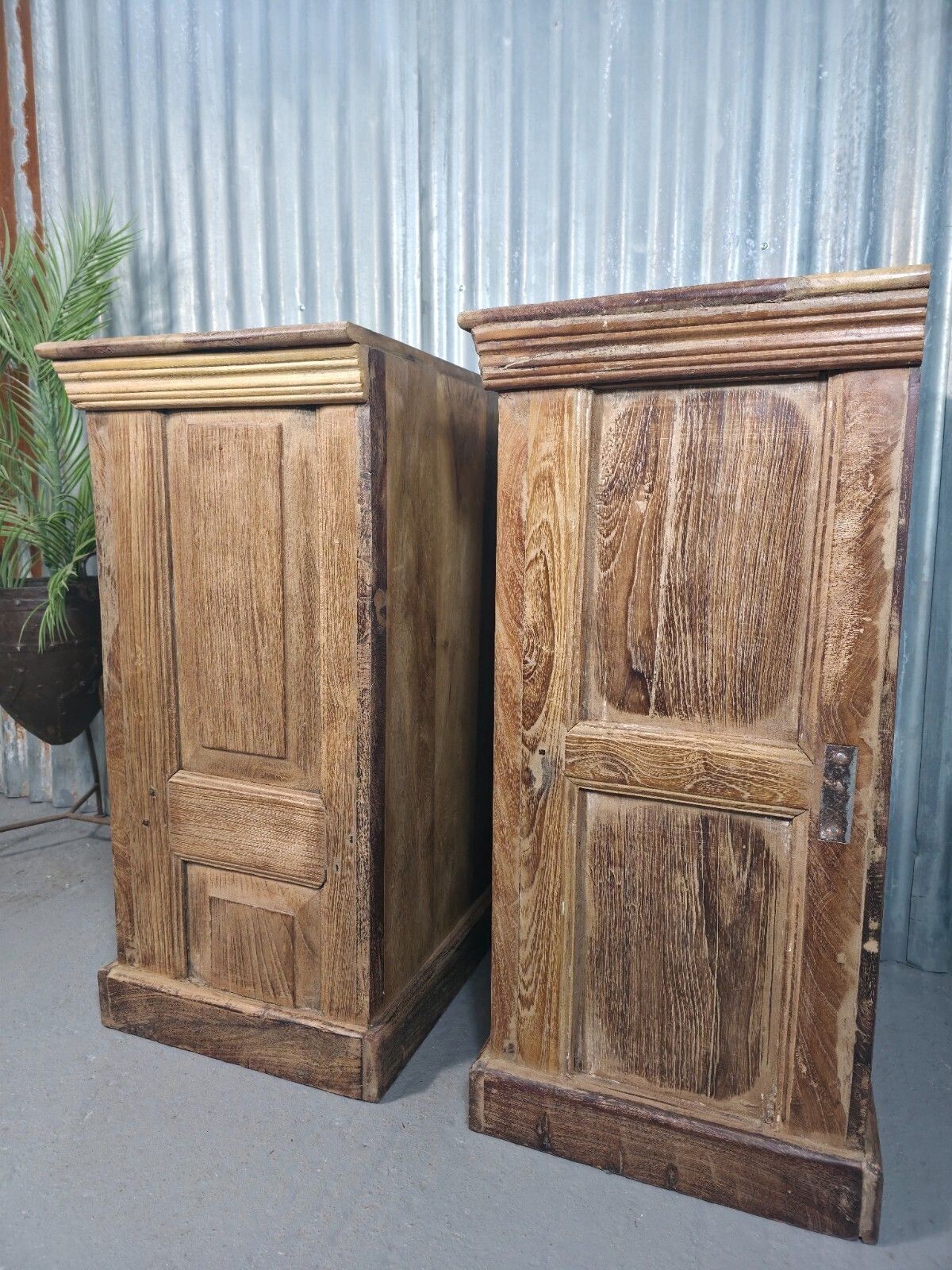 photo furniture Vintage Reclaimed Pair Wooden Indian Carved Bedside Tables Cupboards Cabinets