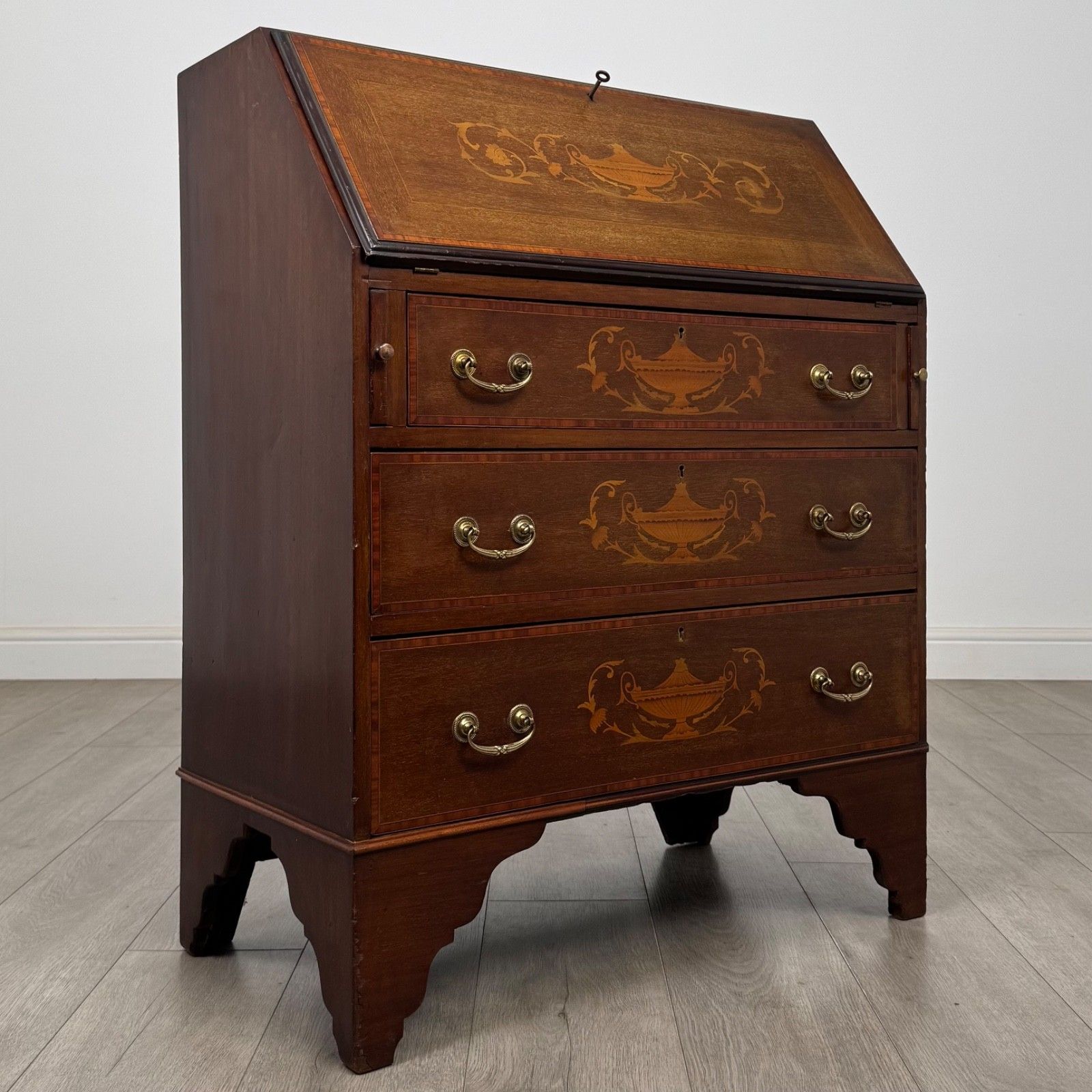 photo furniture Antique 20th Century Inlaid Edwardian Bureau In Mahogany ( Af 5689 )