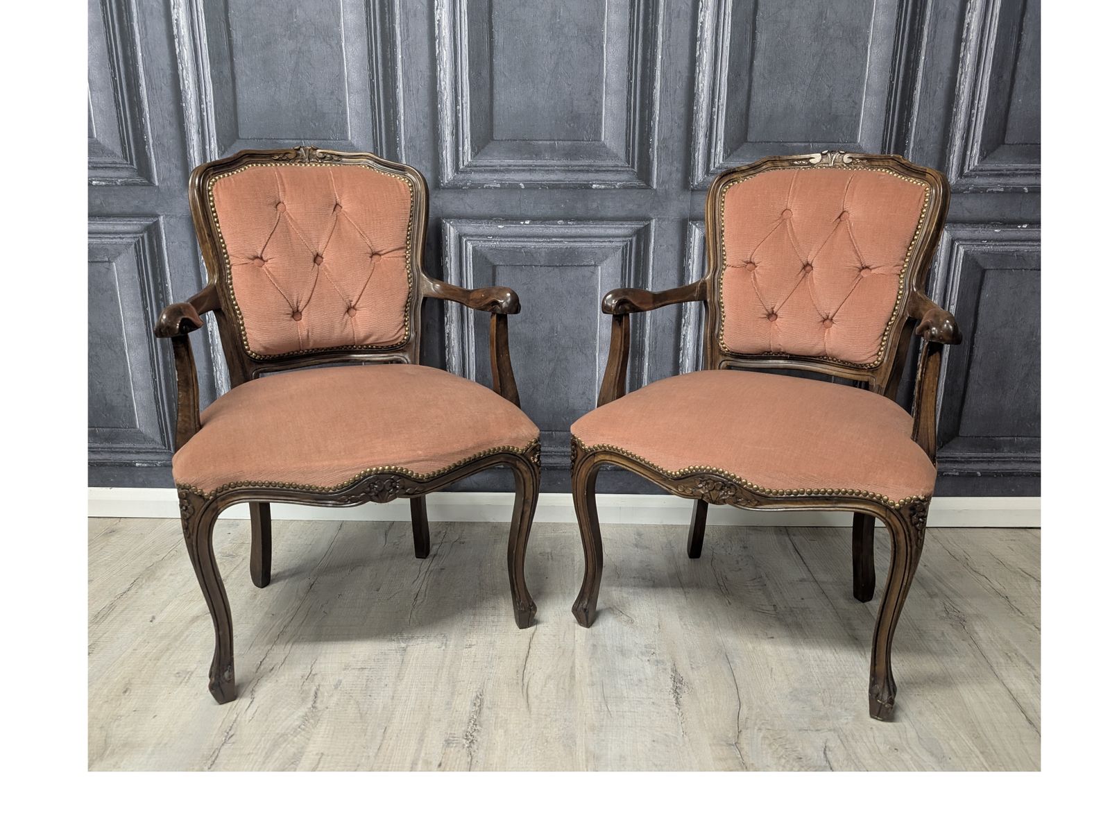 Pair Of Vintage French Louis XV Style Fauteuil Armchairs In Dusky Pink, 1970s photo furniture