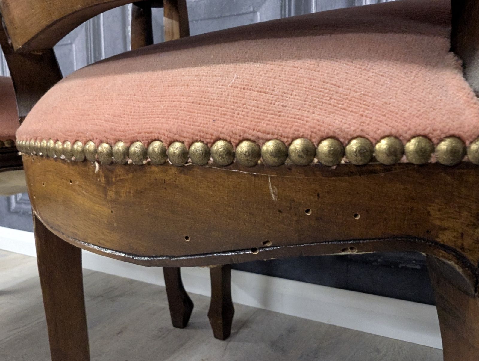 photo for sale Pair Of Vintage French Louis XV Style Fauteuil Armchairs In Dusky Pink, 1970s