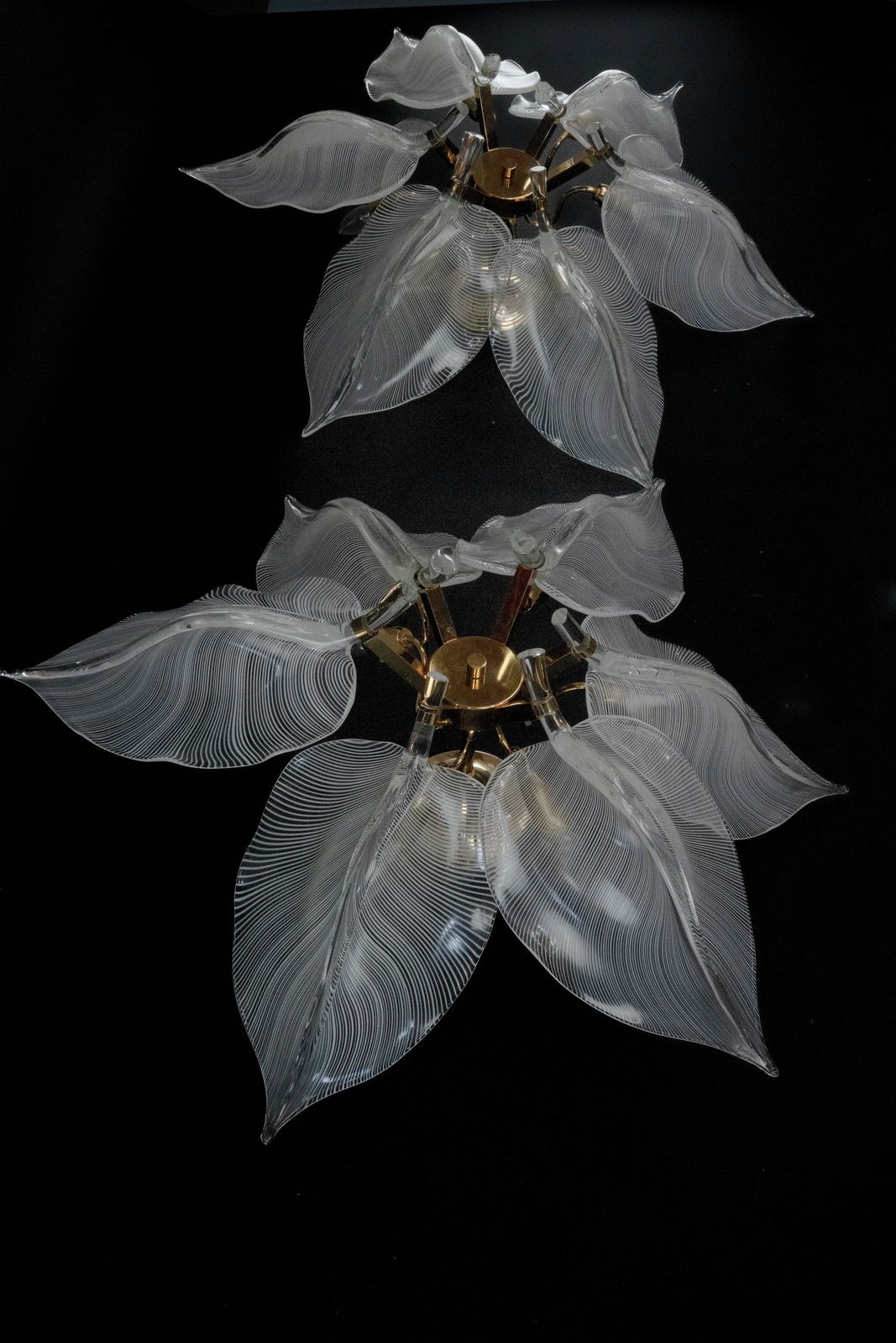 Rare Pair Of Large 1970s Franco Luce Murano Glass Leaf Ceiling Flush Mounts photo vinterior
