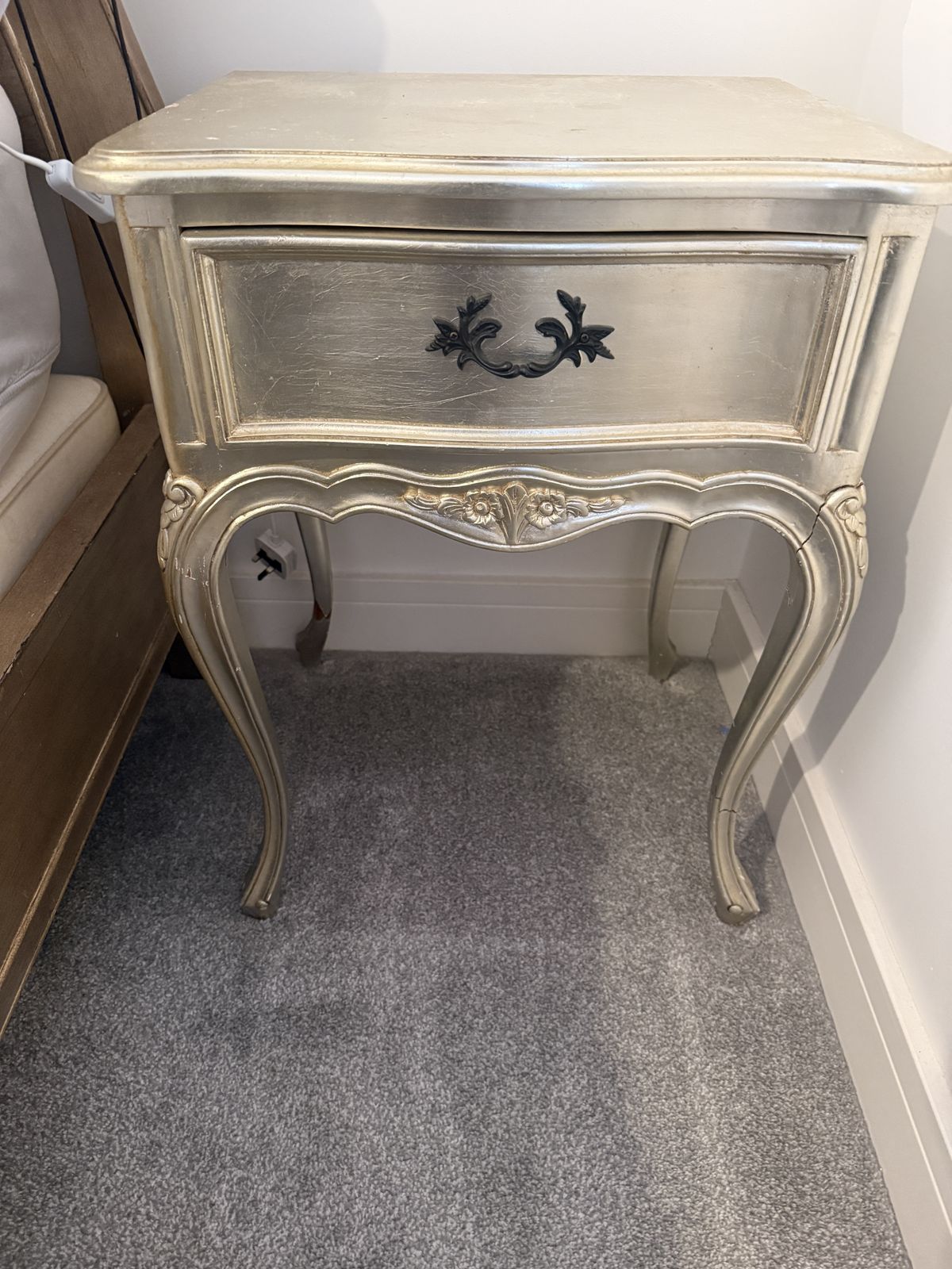 Pair Of Vintage French Rococo Style Bedside Tables – Hand Finished Silver Gilt Wood Side Tables photo Furniture