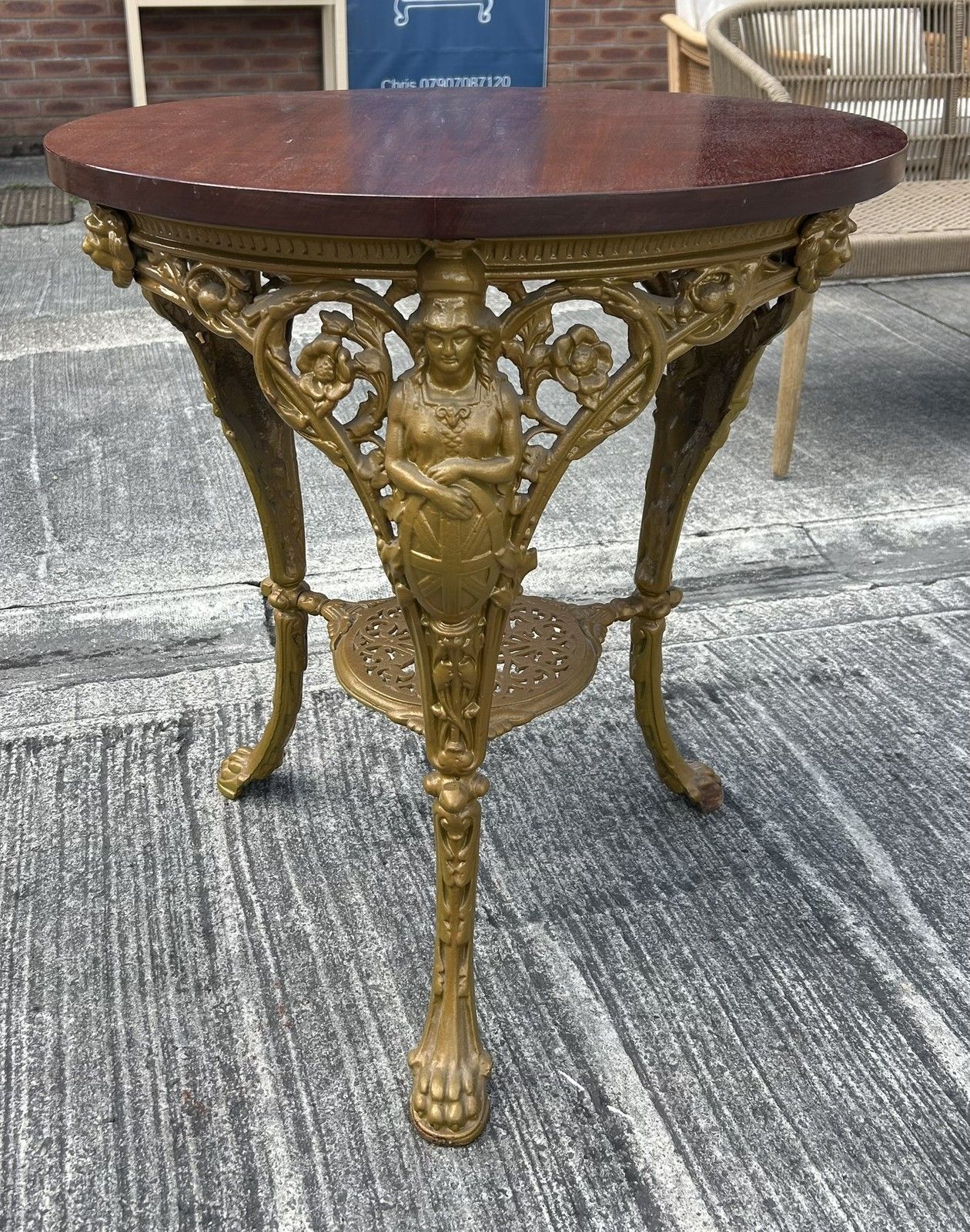 Antique Detailed Cast Iron Britannia Base Pub Tavern Table Original Gold Paint