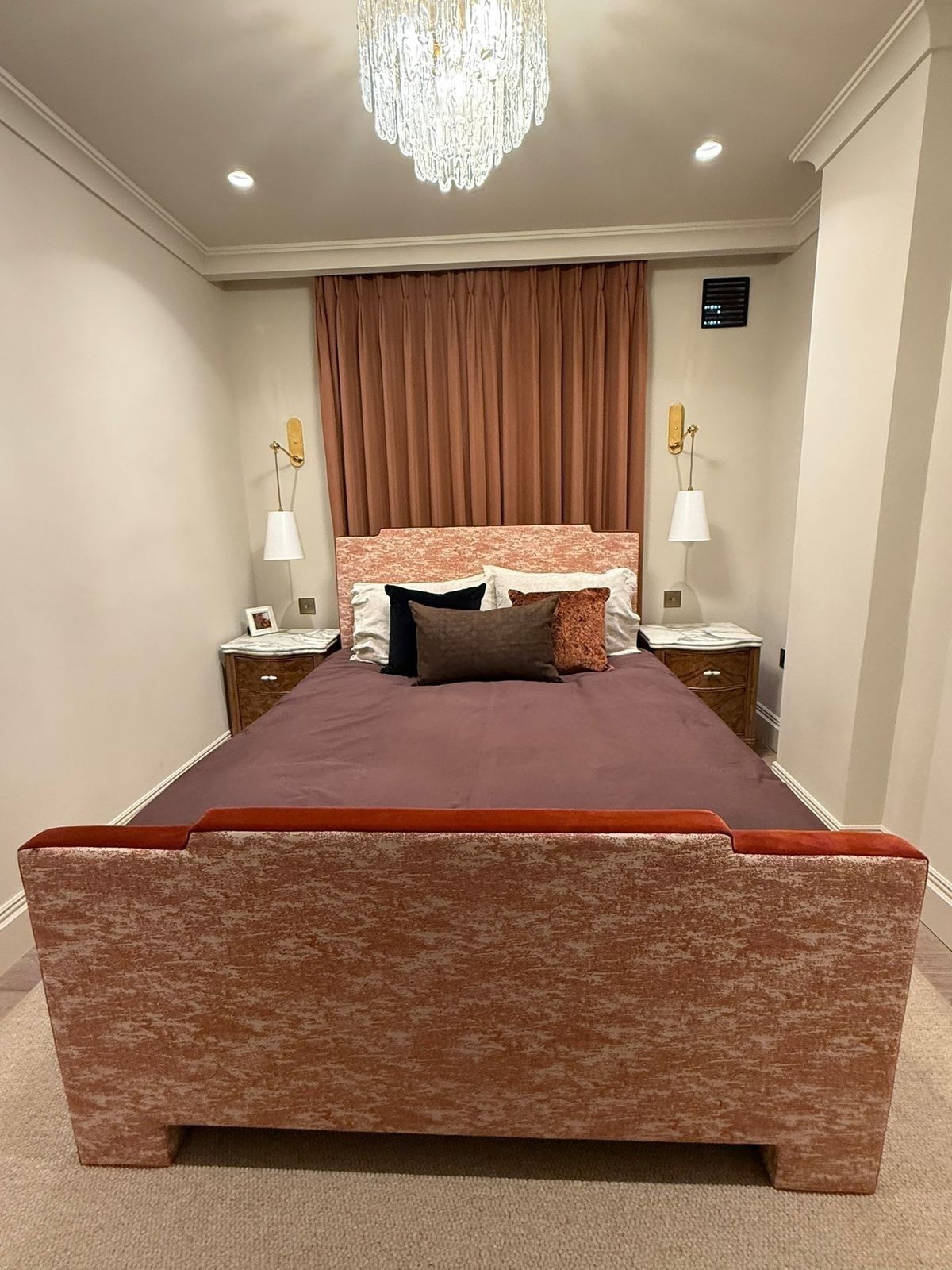 Custom Upholstered Double Size Bed. Patterned Boho, Glam, Soho Home, Fabric