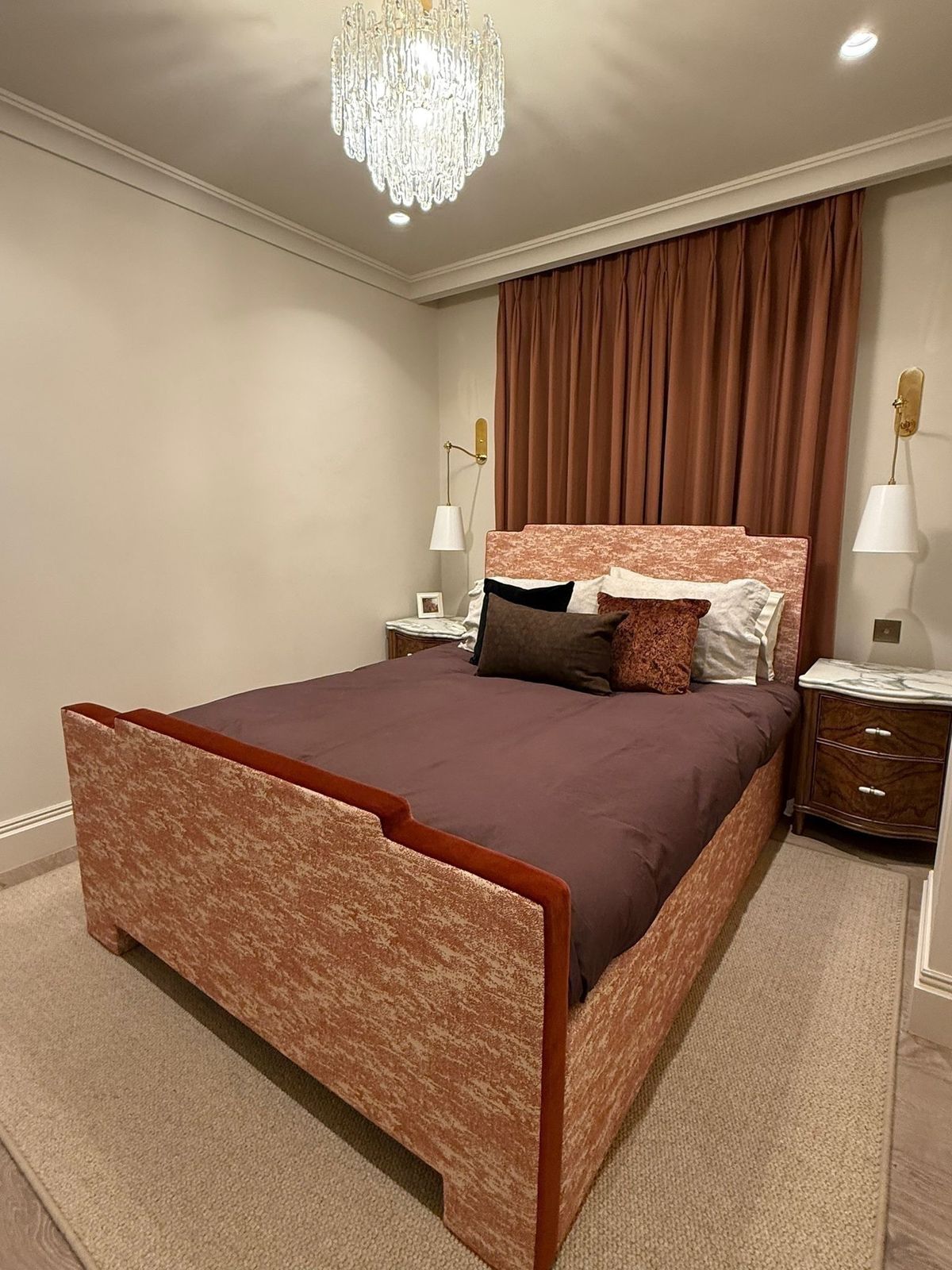 Custom Upholstered Double Size Bed. Patterned Boho, Glam, Soho Home, Fabric photo for sale