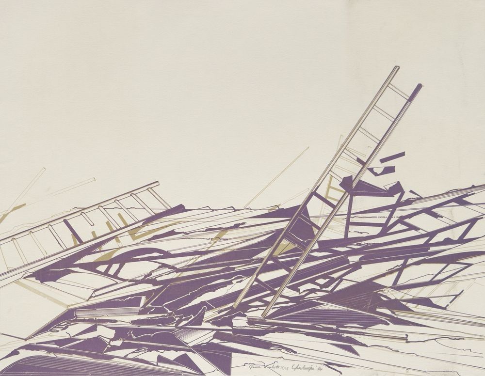 Yves Lévêque Lithografie Gesigneerd Op Arches 1972 Ladders 50x64 cm