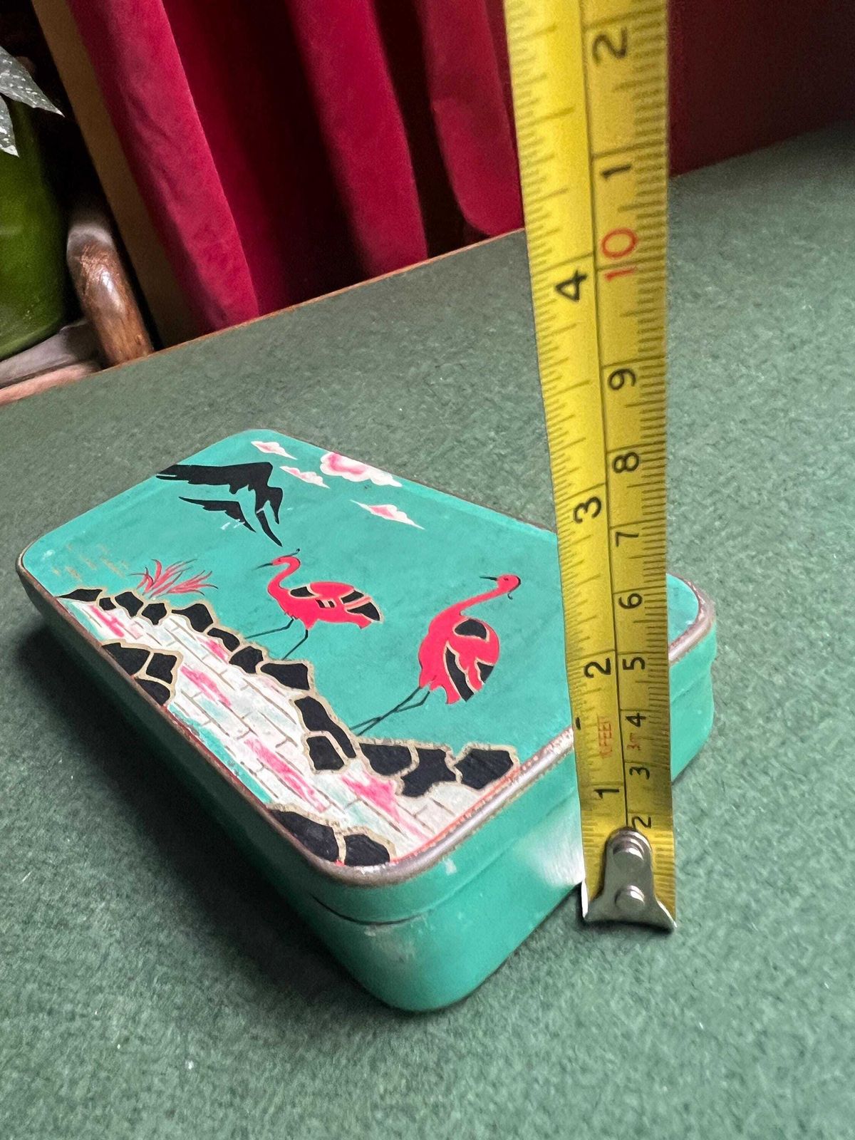 photo for sale Vintage William Crawford & Sons Biscuit Sample Tin Decorative Advertising Memorabilia. Japanese Theme Flamingo Cranes And Mount Fuji.