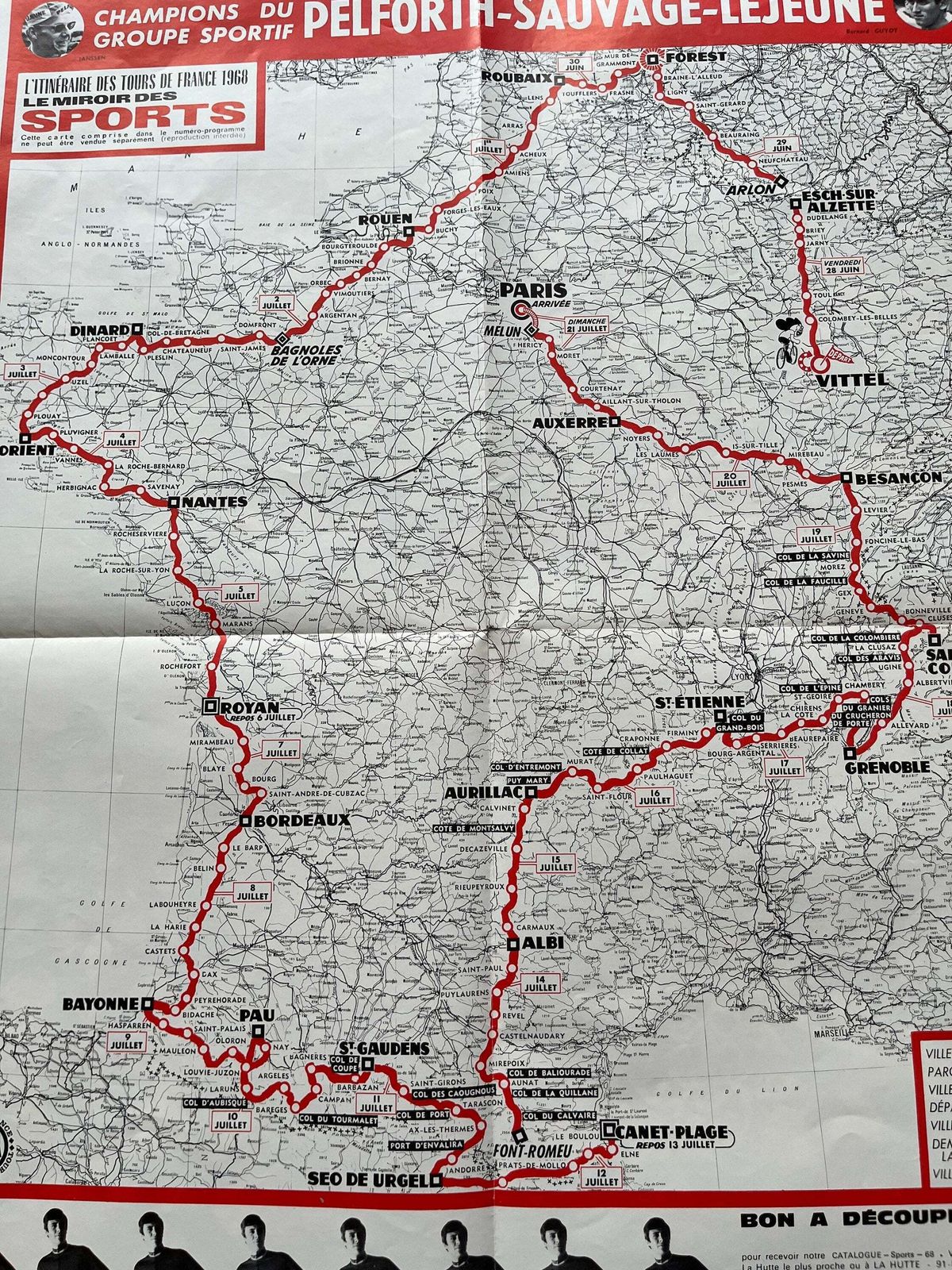 Vintage Cycling Print   Tour De France Route Map, 1968 photo furniture