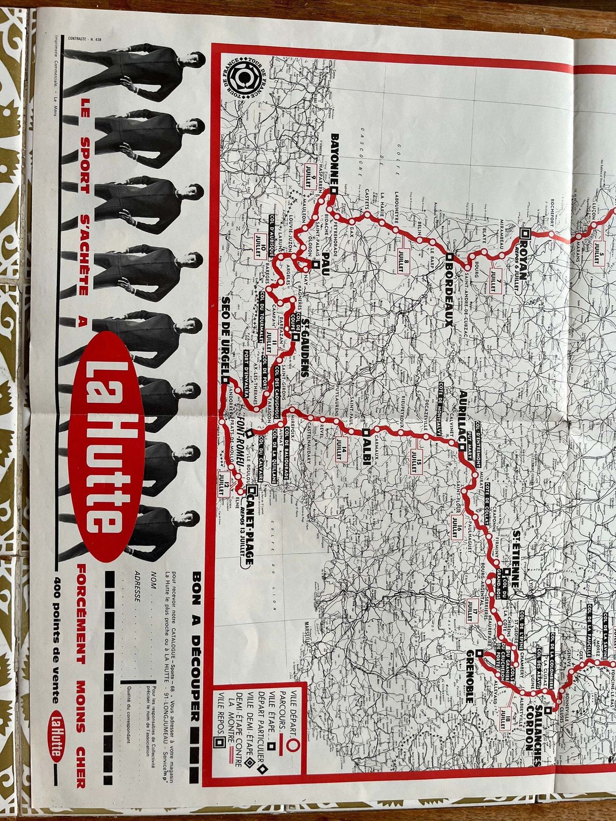 Vintage Cycling Print   Tour De France Route Map, 1968 photo buy