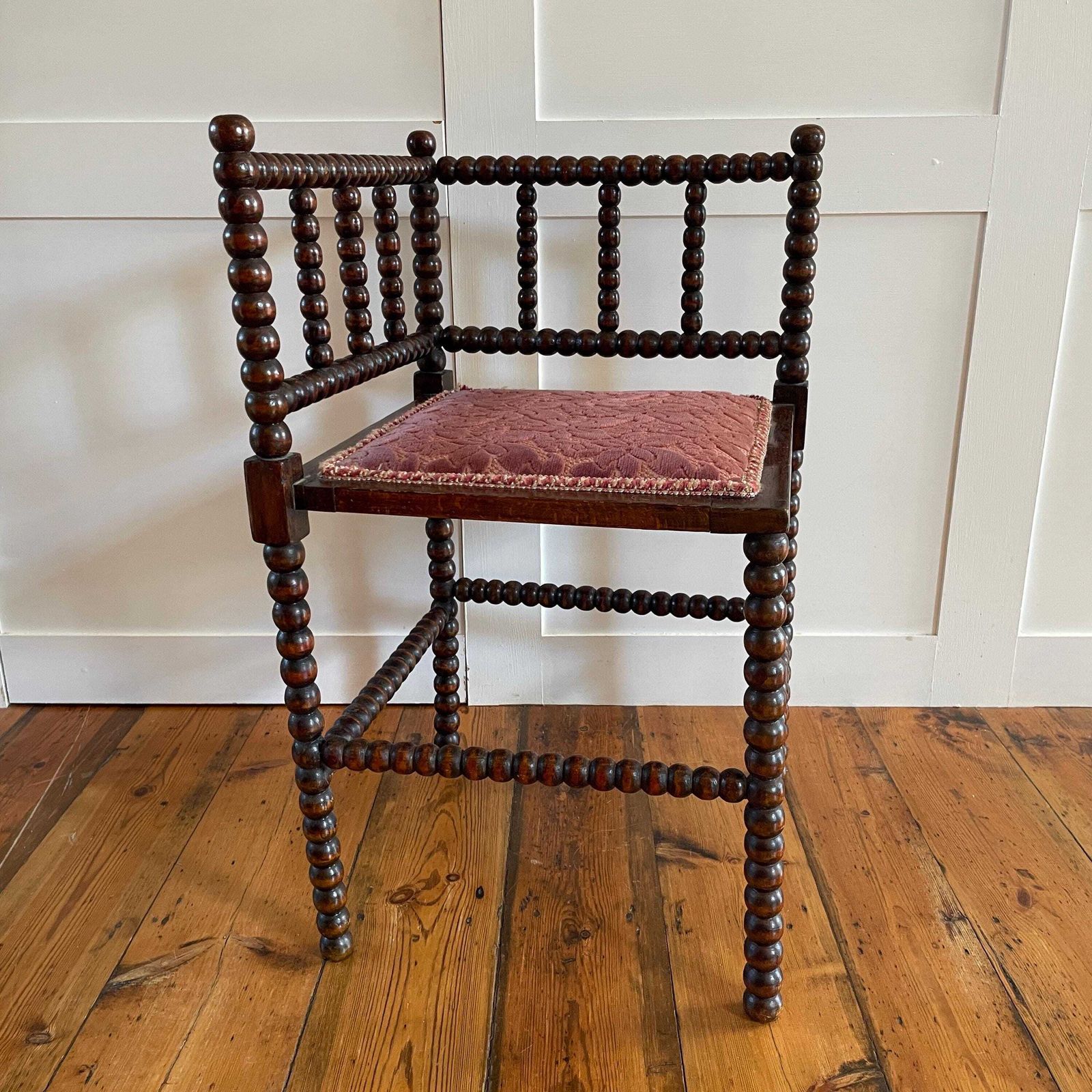 Antique Bobbin Chair Seat Armchair Vintage Wooden Wood Frame Fabric Velvet Upholstery Country Cottage Farmhouse Corner Pink Bobble Nursery photo 450.0