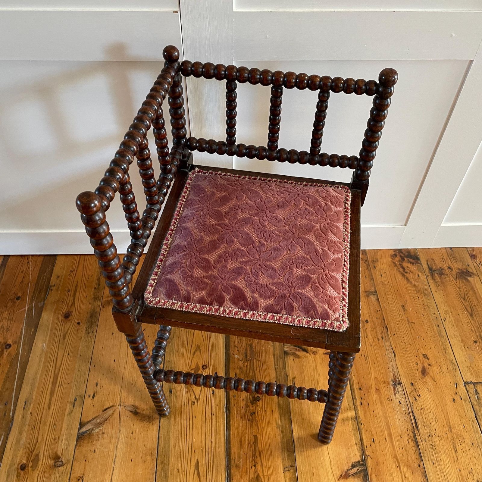 Furniture Antique Bobbin Chair Seat Armchair Vintage Wooden Wood Frame Fabric Velvet Upholstery Country Cottage Farmhouse Corner Pink Bobble Nursery photo