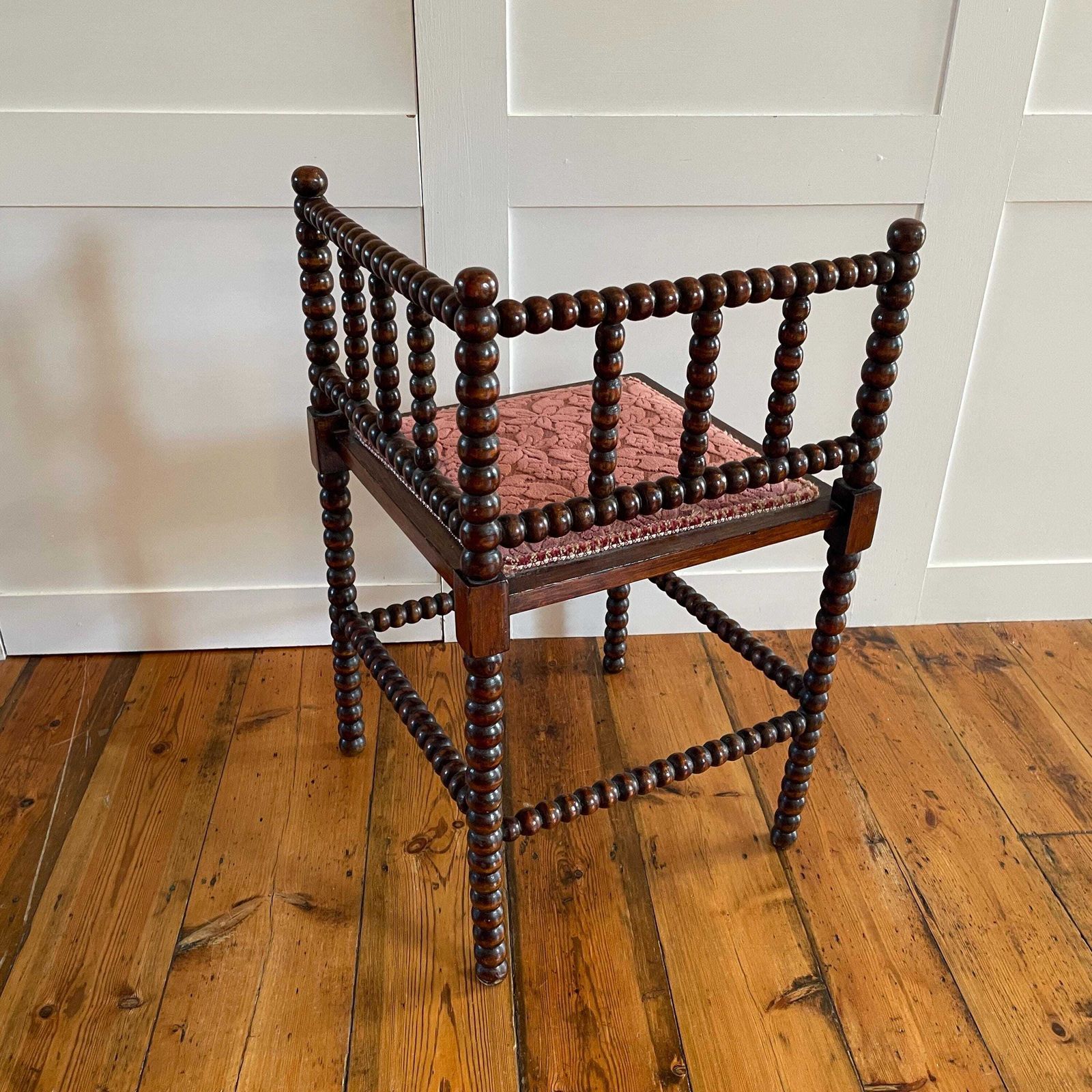 450.0 Antique Bobbin Chair Seat Armchair Vintage Wooden Wood Frame Fabric Velvet Upholstery Country Cottage Farmhouse Corner Pink Bobble Nursery photo