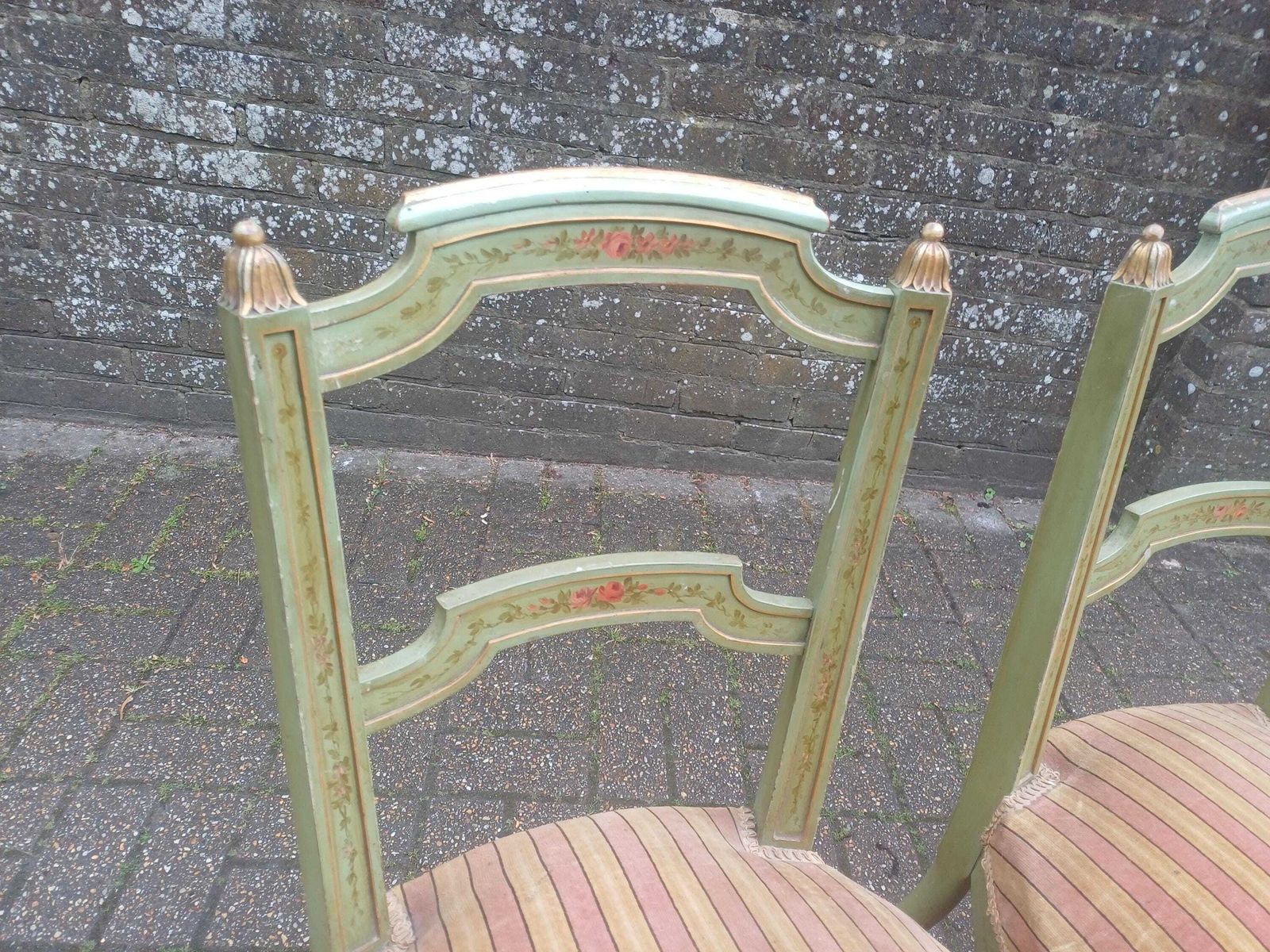 Detailed Set Of 4 French Victorian Painted Dining Chairs Original Velvet Upholstery Shabby Chic Floral Green photo for sale