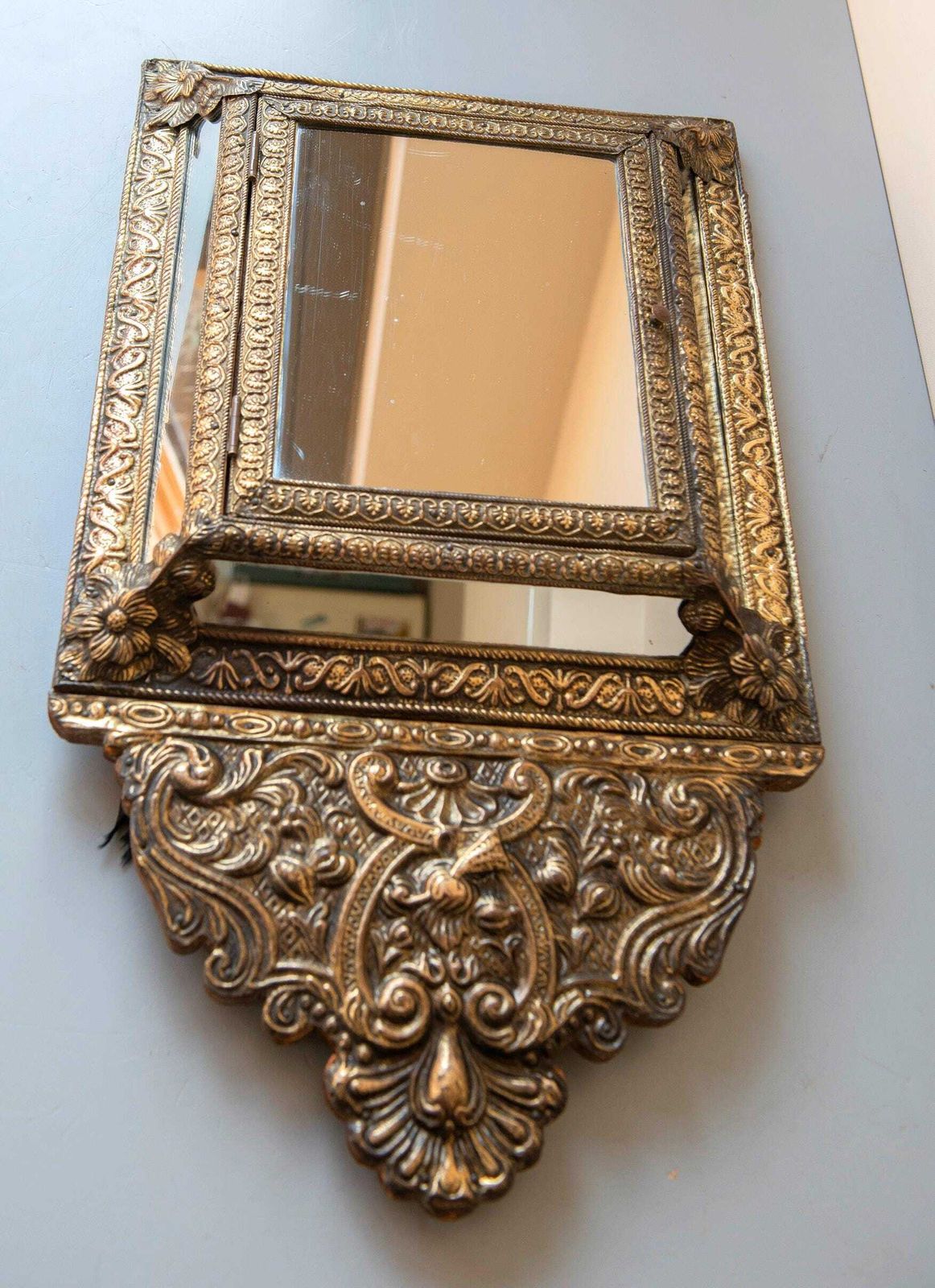 Furniture Antique French Brass Mirror With Floral Crest – Ornate Repoussé Vanity Cabinet photo