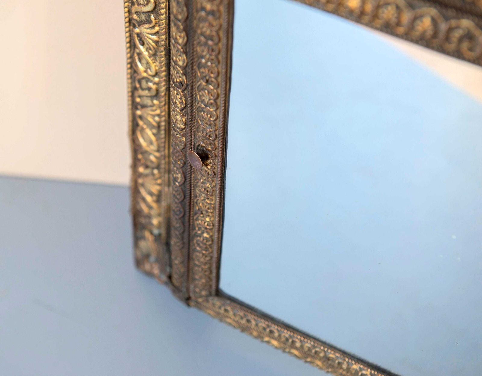 photo vinterior Antique French Brass Mirror With Floral Crest – Ornate Repoussé Vanity Cabinet