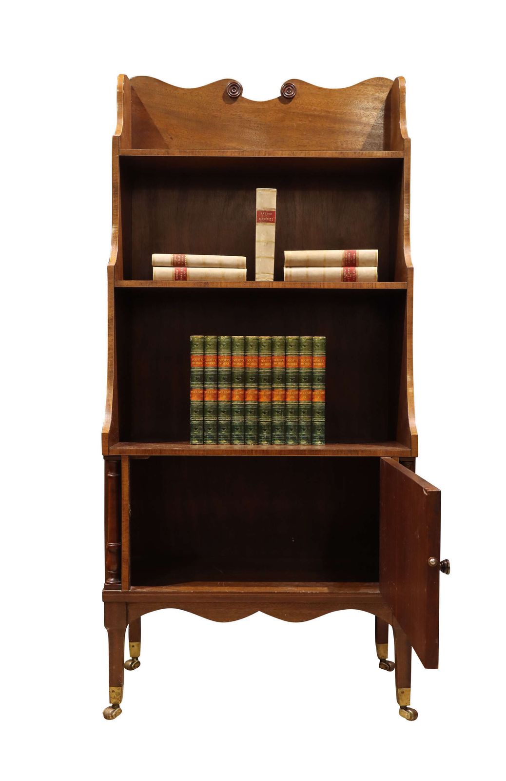 Fine Late Victorian Inlaid Mahogany Waterfall Bookcase Cabinet On Brass Castors photo for sale