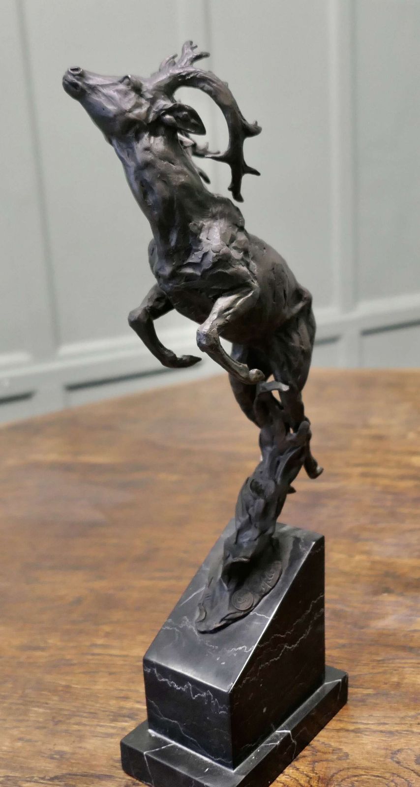 This Is A Signed Bronze Sculpture Of A Deer Jumping, Mounted On A Marble Plinth photo for sale