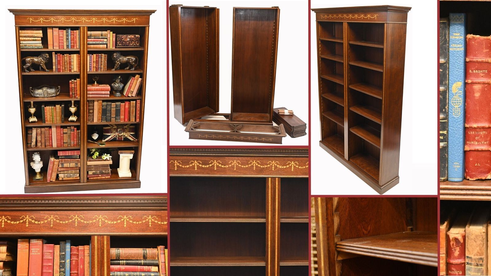 Mahogany Bookcase   Double English Sheraton Inlay Open Front Bespoke