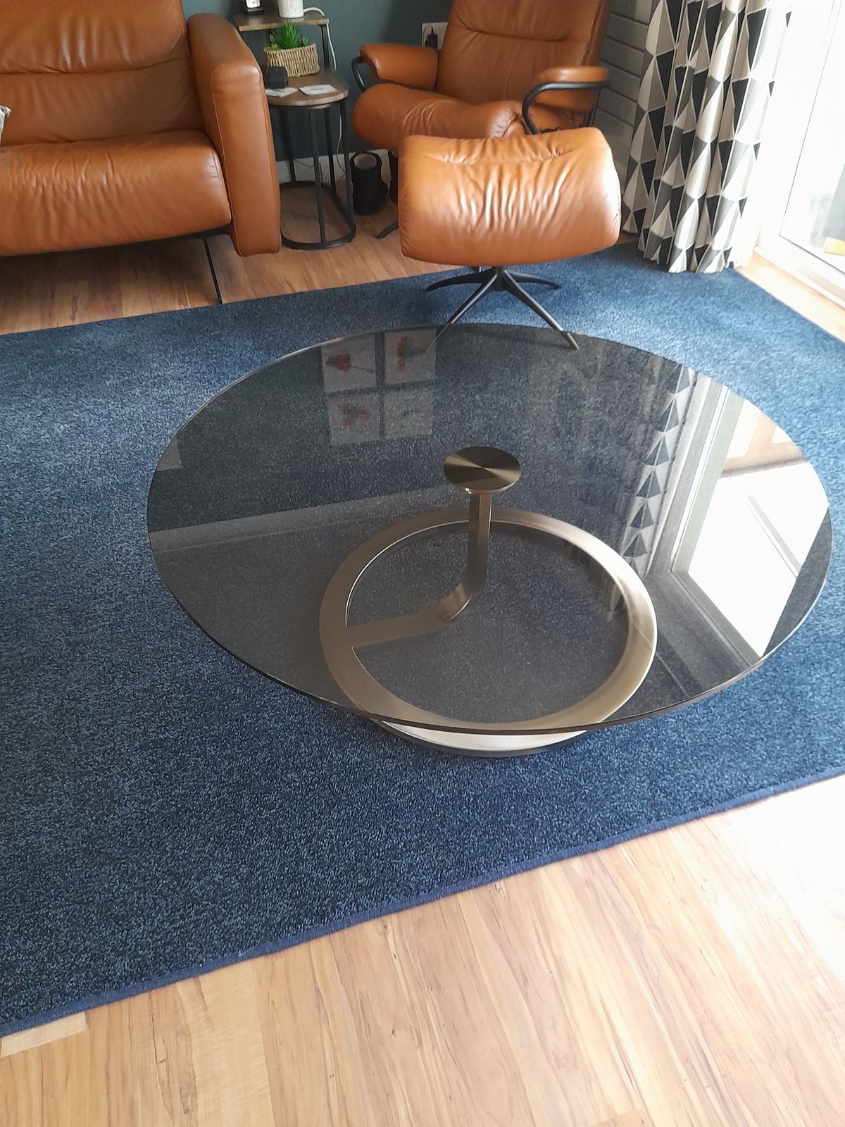 Designer Round Smoked Glass Coffee Table With Stainless Steel Base – 1m Diameter photo 525.0