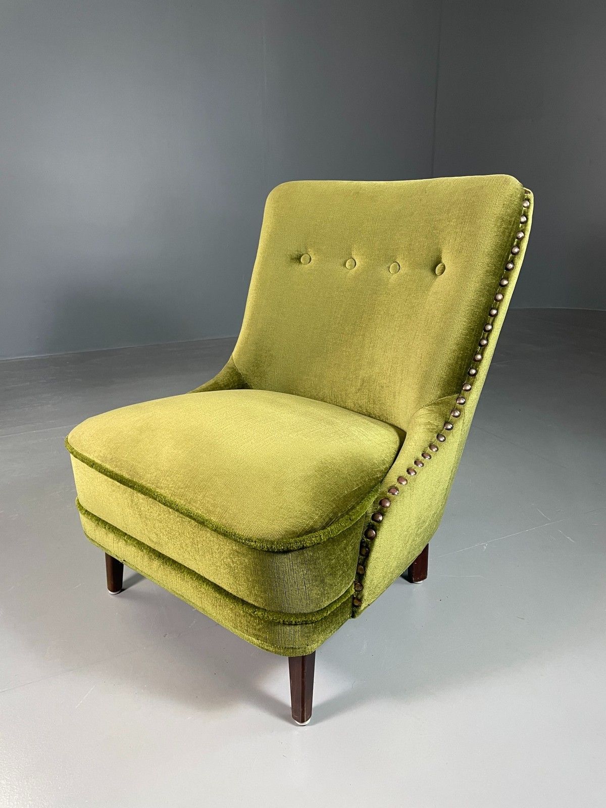 Vintage Cocktail Chair 1950s Danish Green Velvet Velour Retro Eb06603