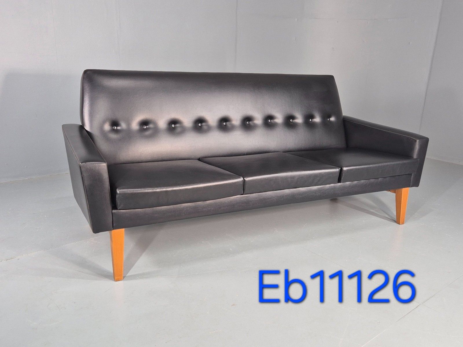 Vintage Three Seat Sofa 1960s Swedish Black Vinyl Upholstery Retro Eb11126 photo 450.0
