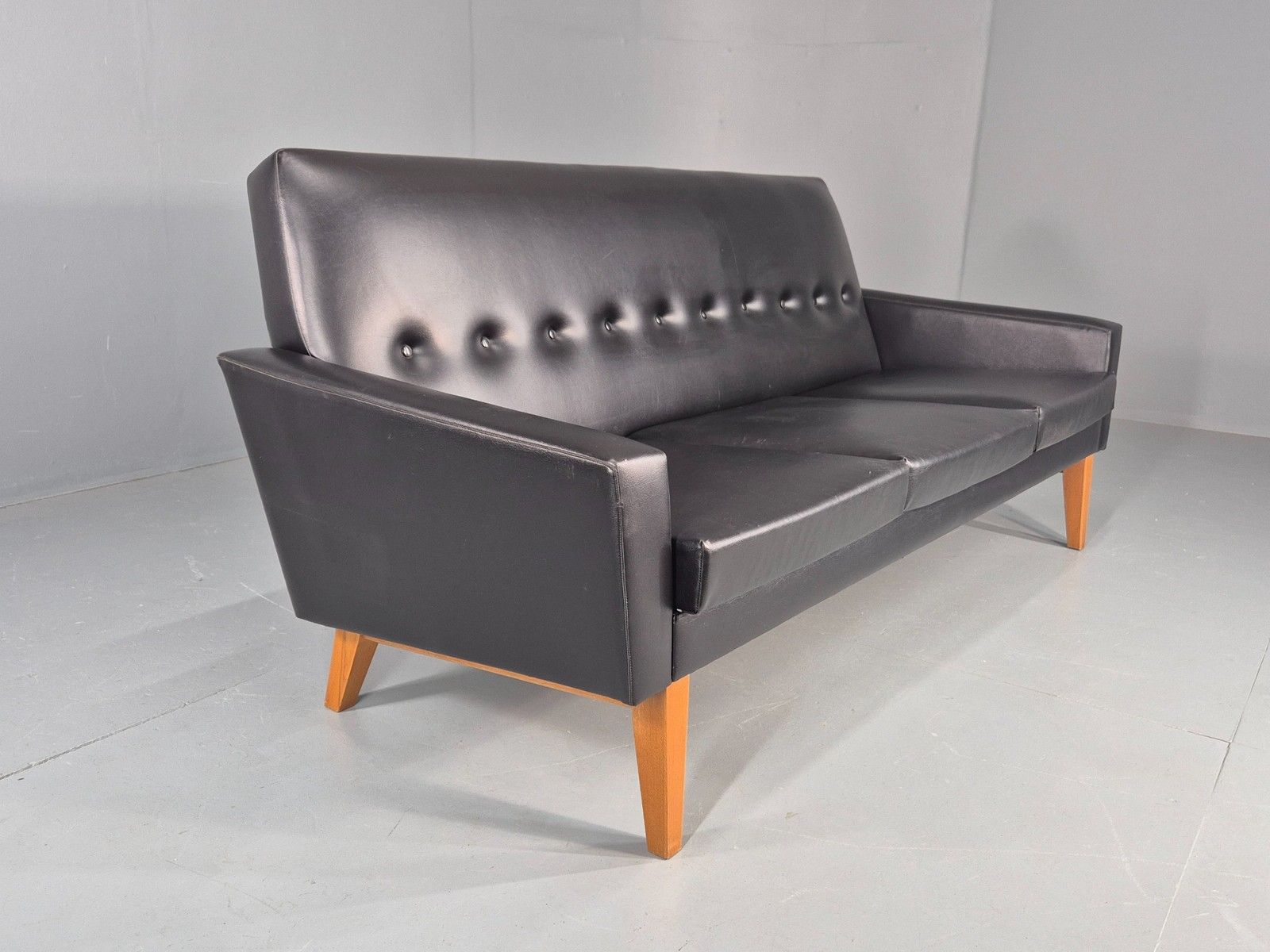 photo buy Vintage Three Seat Sofa 1960s Swedish Black Vinyl Upholstery Retro Eb11126