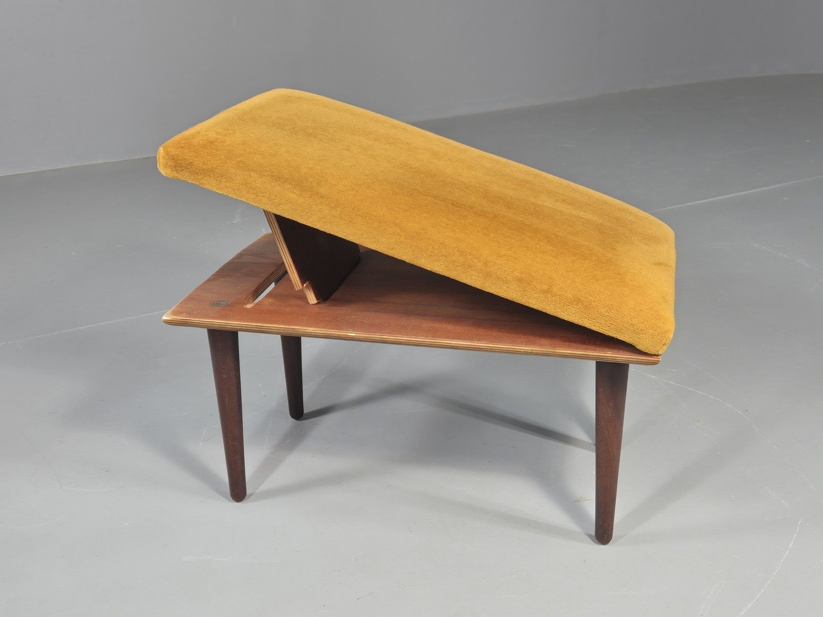 Vintage Mid Century Footstool Gold Velour Upholstery Teak Legs 60s Retro Eb11576 photo furniture