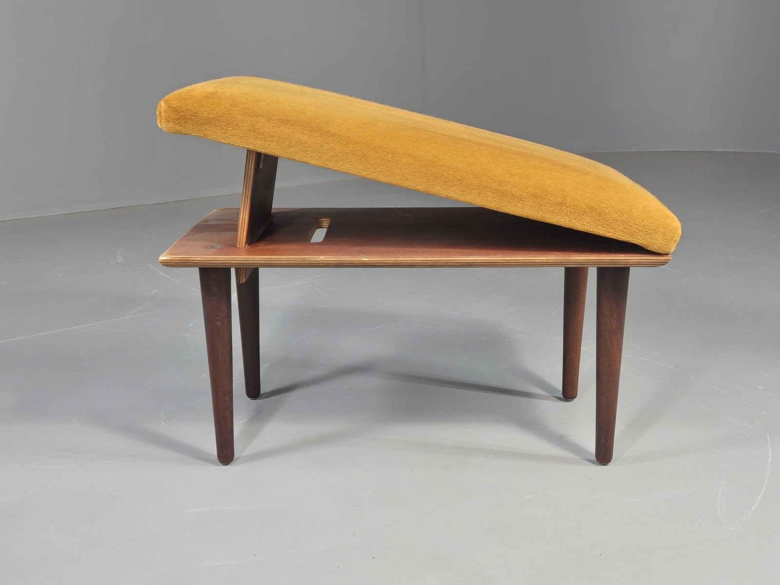 Vintage Mid Century Footstool Gold Velour Upholstery Teak Legs 60s Retro Eb11576 photo 80.0