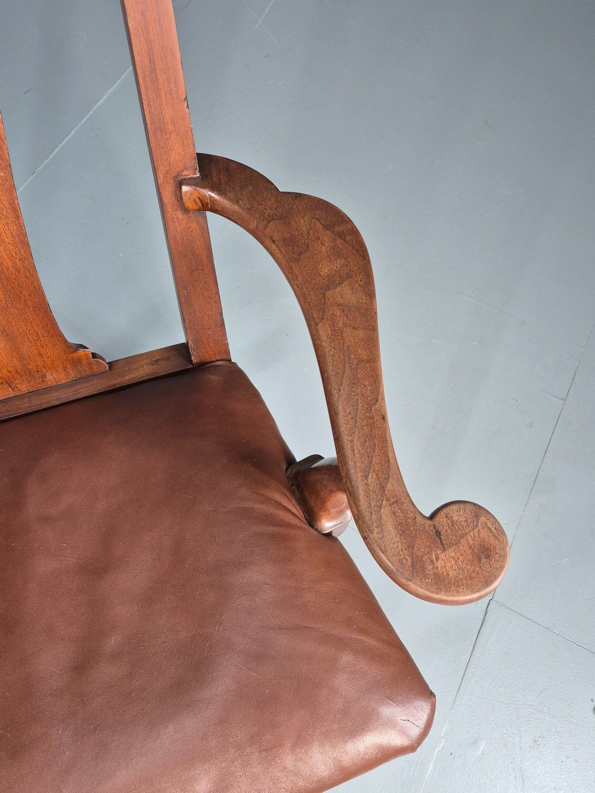 Antique Georgian Elbow Chair Mahogany Frame Leather Seat Splat Back Eb11933 photo Furniture