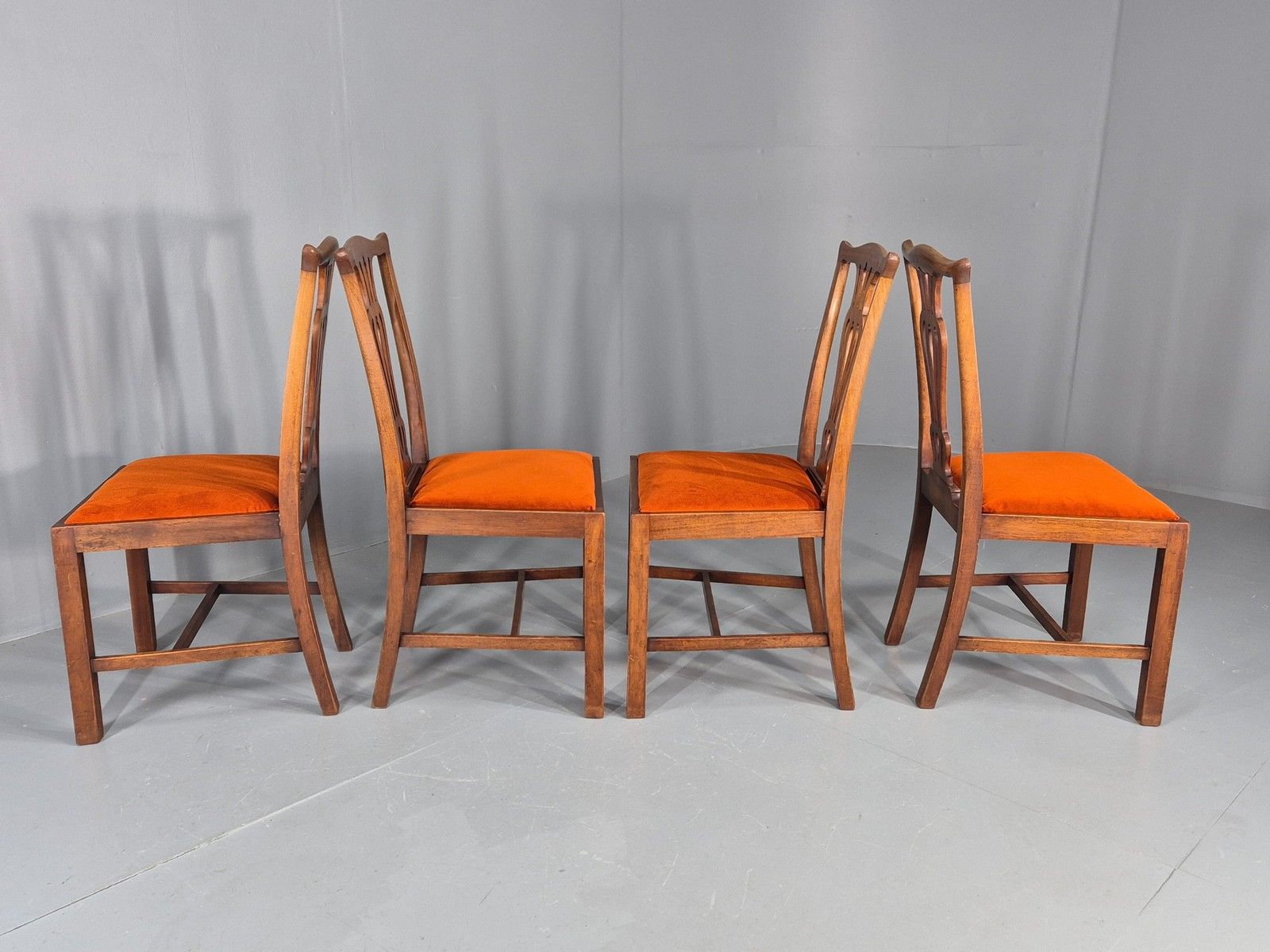 photo for sale 4 Hepplewhite Revival Dining Chairs 1900s Oak New Seat Pads Antique Eb11932