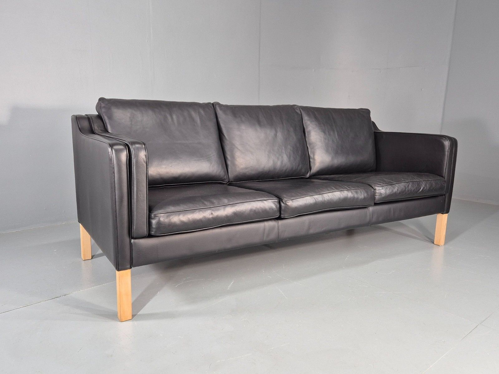 Vintage 3 Seater Sofa Danish Black Leather 1980s Retro Mid Century Style Eb11938