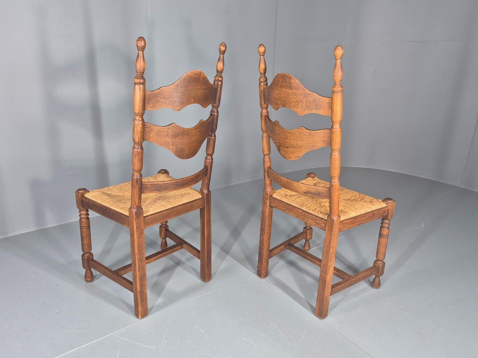 Furniture Vintage Spanish Style Country Chairs Rush Seated Oak Frames Eb11951 photo