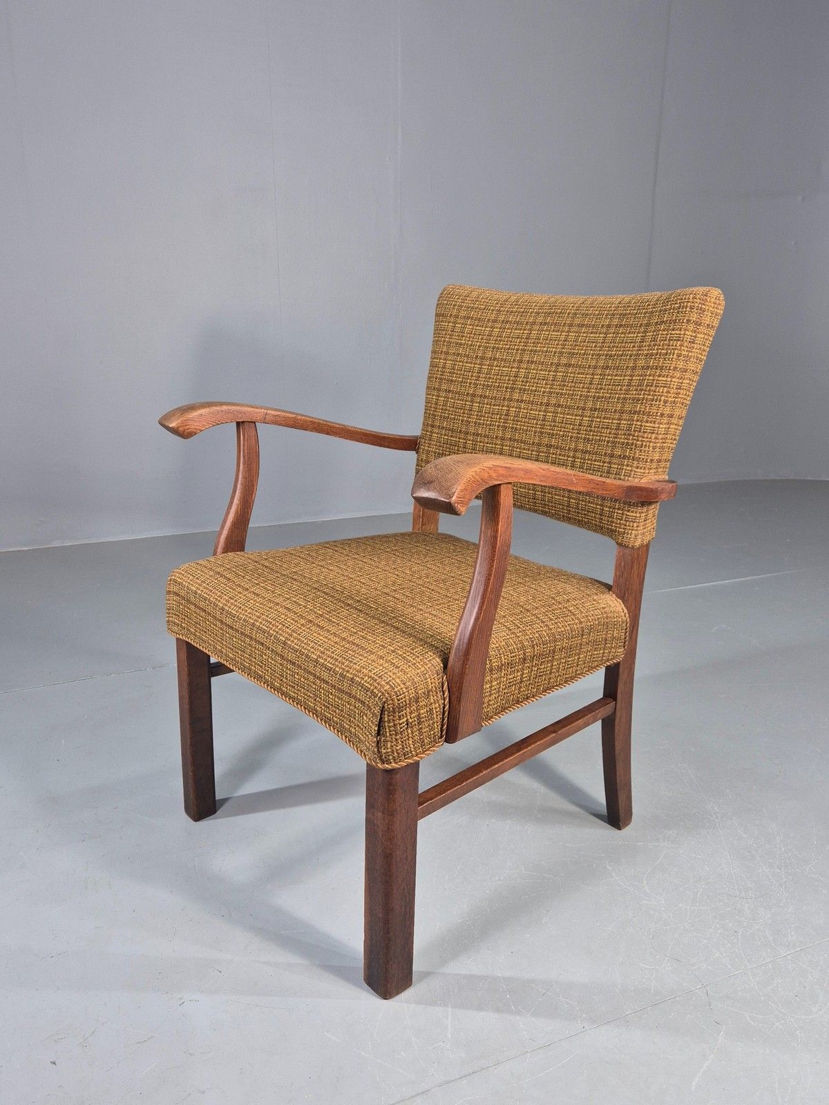 Vintage Elbow Chair 1950s Danish Oak Frame Green Wool Upholstery Eb12004