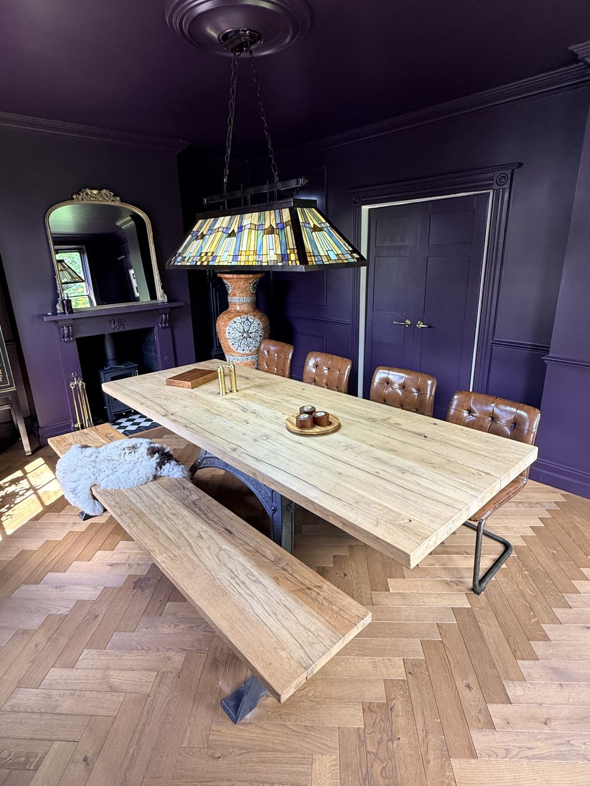 Bespoke Industrial Oak Dining Table Set With Original Henry Bamford & Sons Cast Iron Base, photo furniture