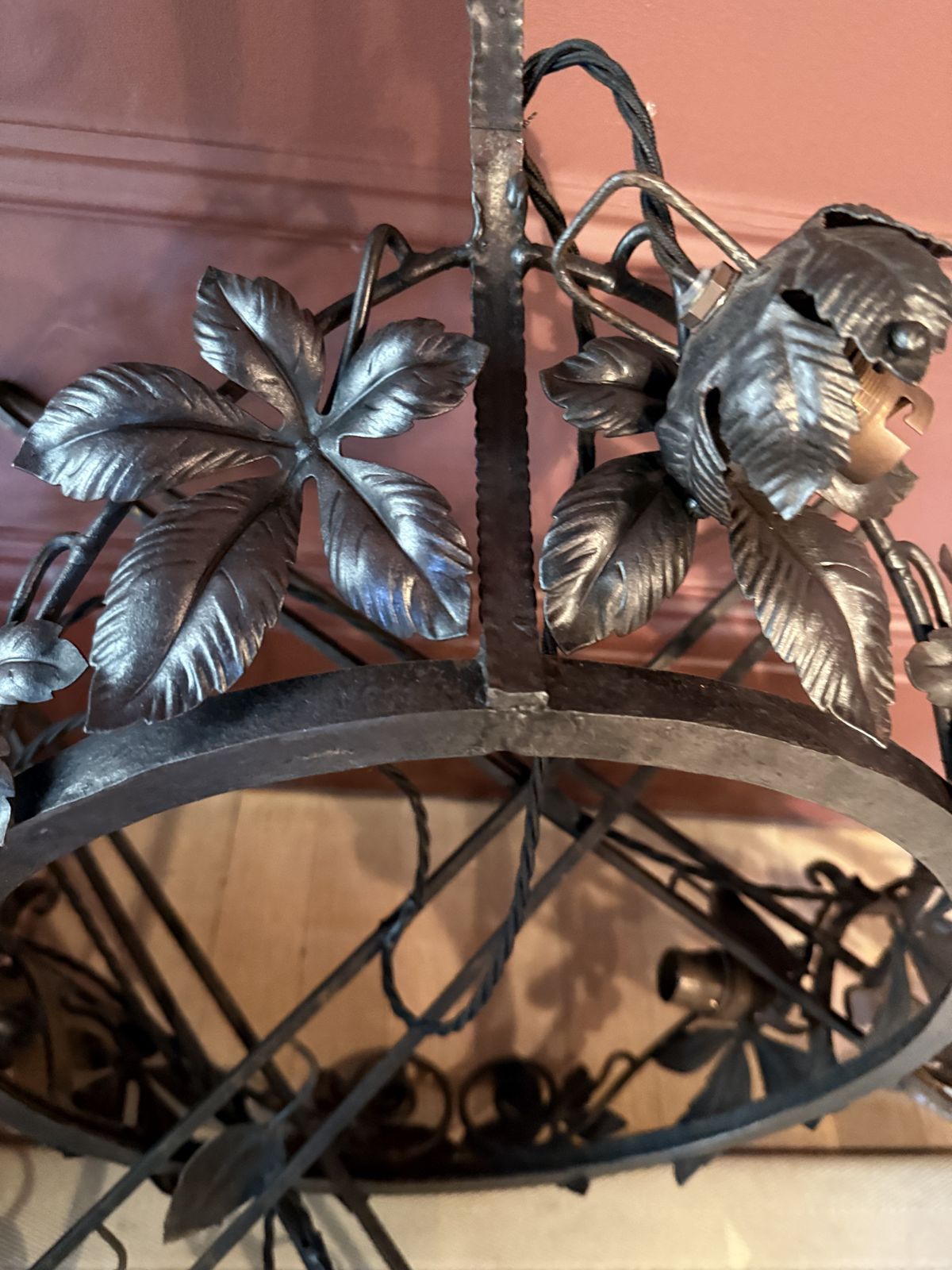 photo buy 1920s Genet & Michon French Art Nouveau Wrought Iron And Frosted Glass Chandelier