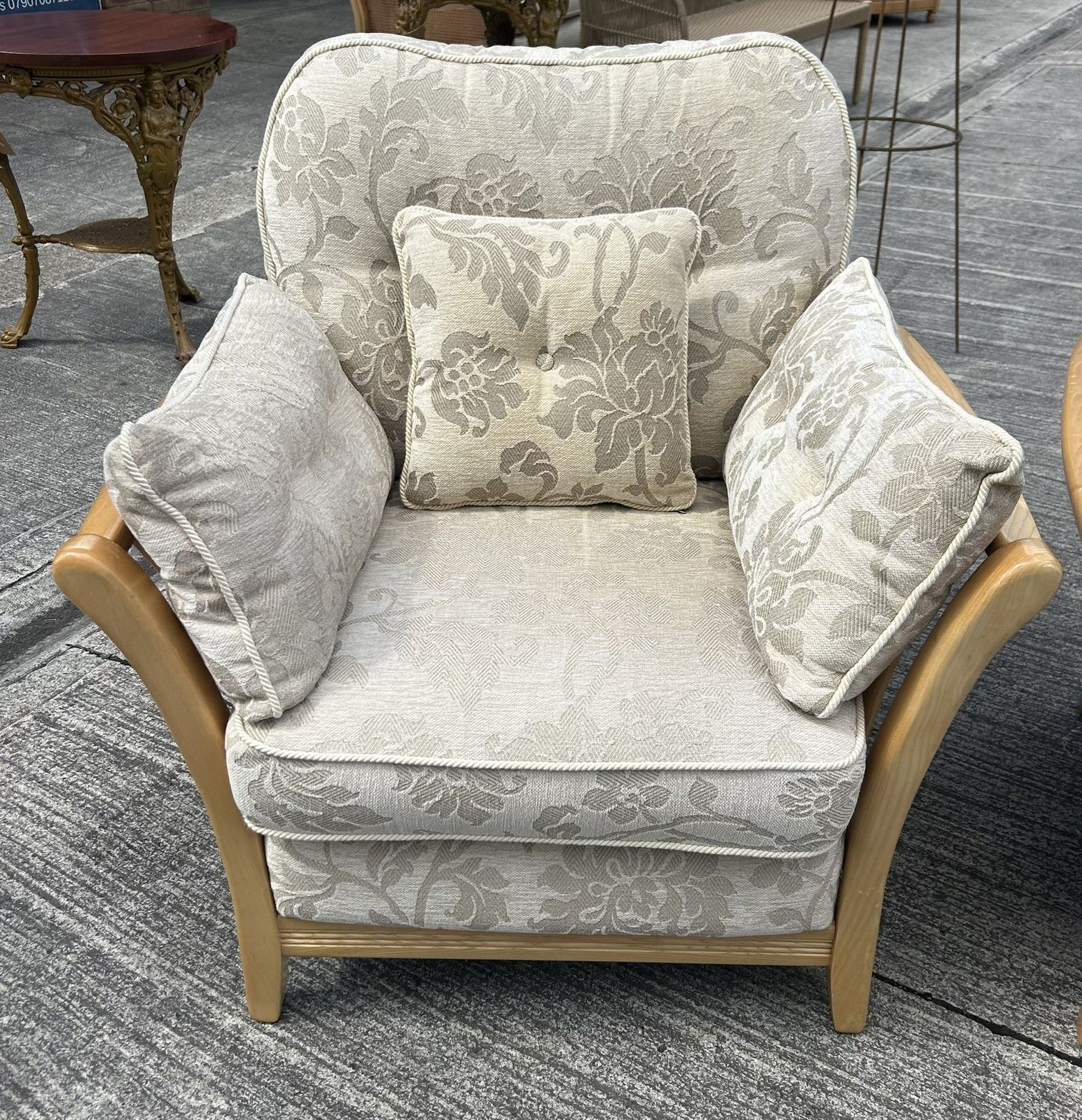Ercol Blonde Light Ash Palma Pair Of Armchairs Lounge Chairs Pavina Beige Fabric photo buy