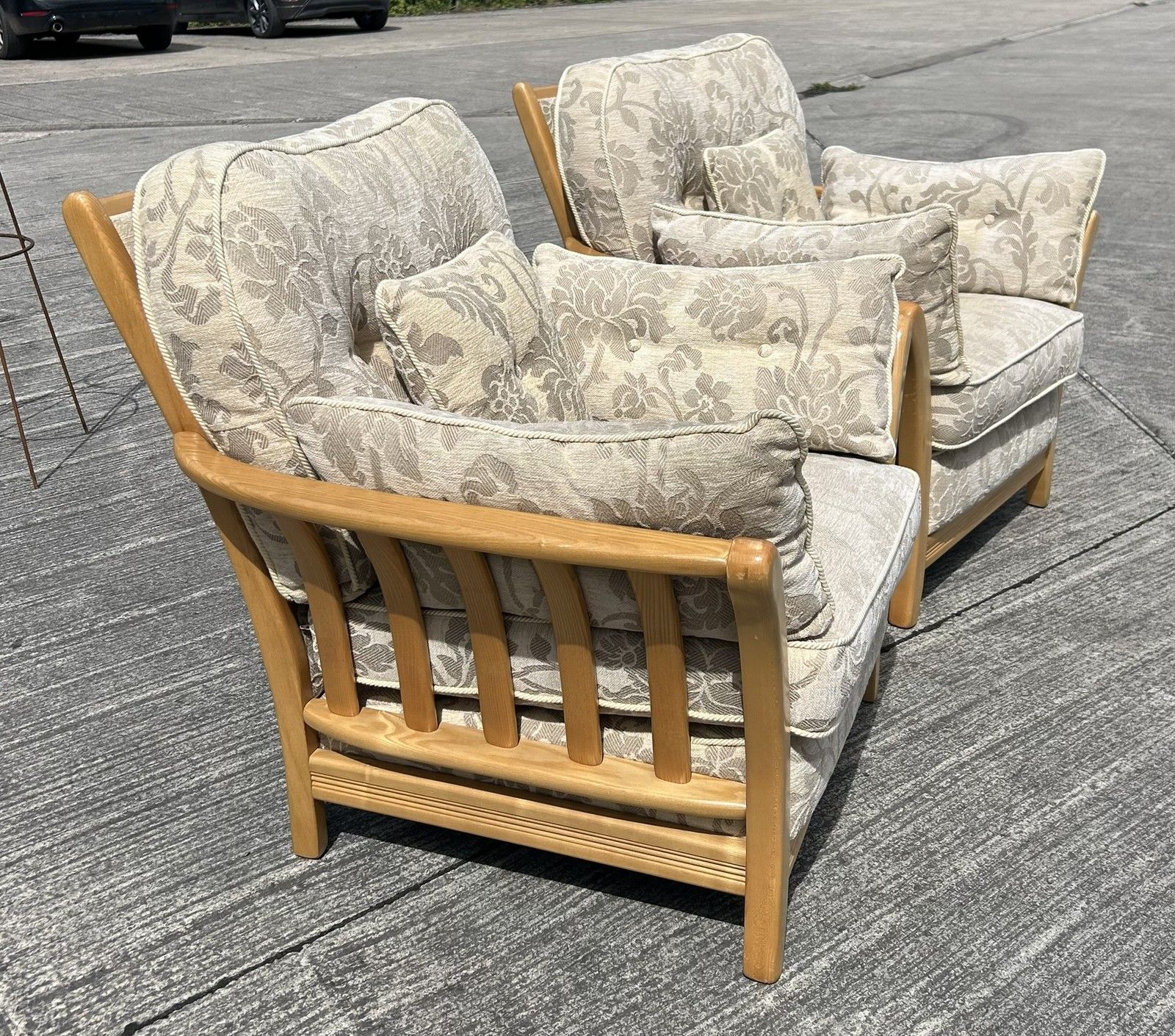 Ercol Blonde Light Ash Palma Pair Of Armchairs Lounge Chairs Pavina Beige Fabric photo vintage