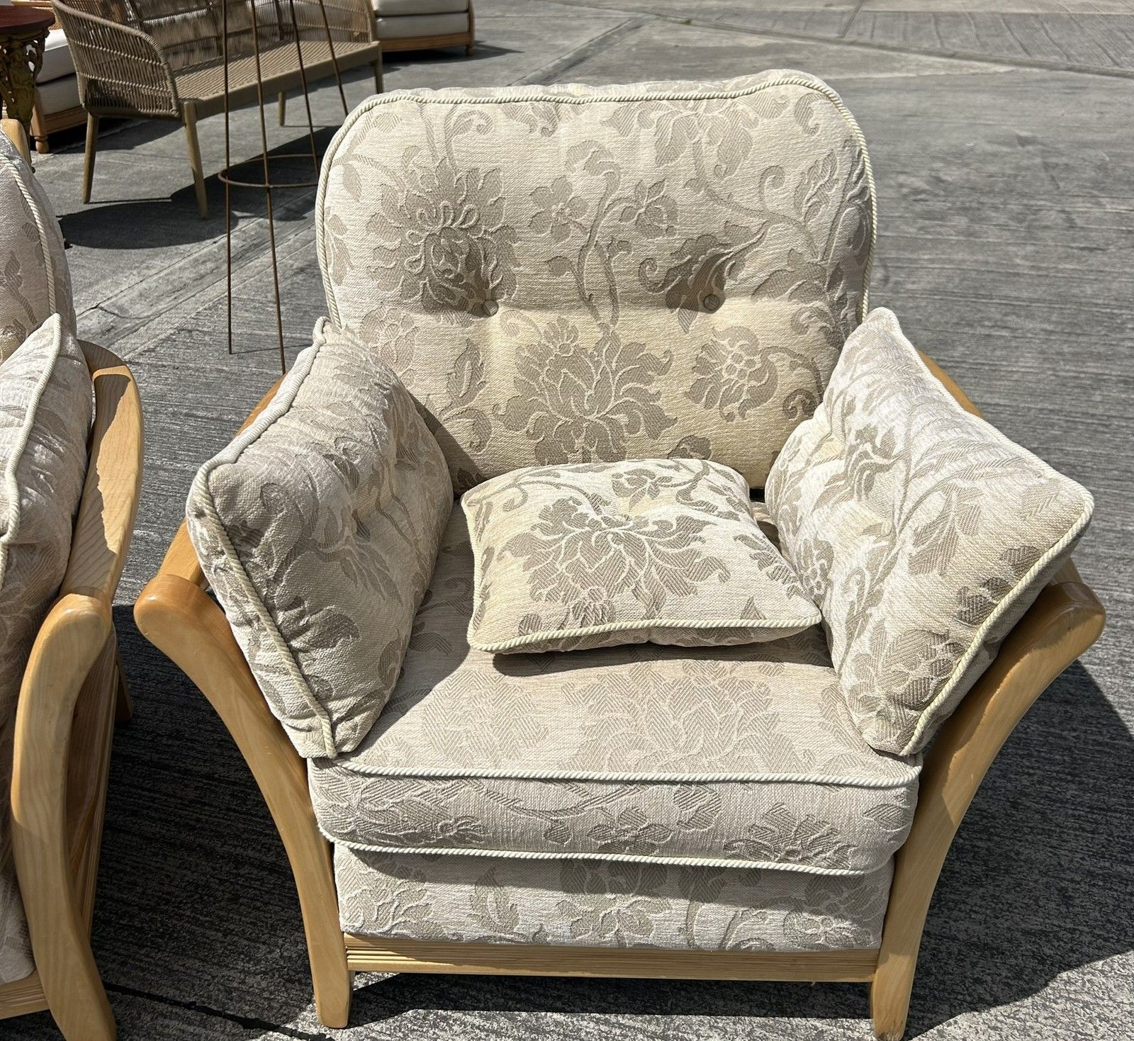 photo buy Ercol Blonde Light Ash Palma Pair Of Armchairs Lounge Chairs Pavina Beige Fabric