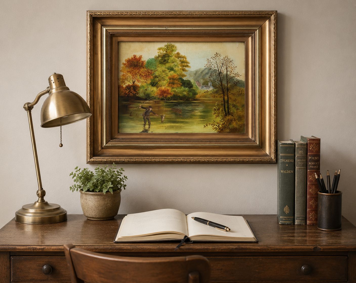 Edwardian Antique Trout Fishing Landscape Oil Painting Signed Original C.1908 photo furniture