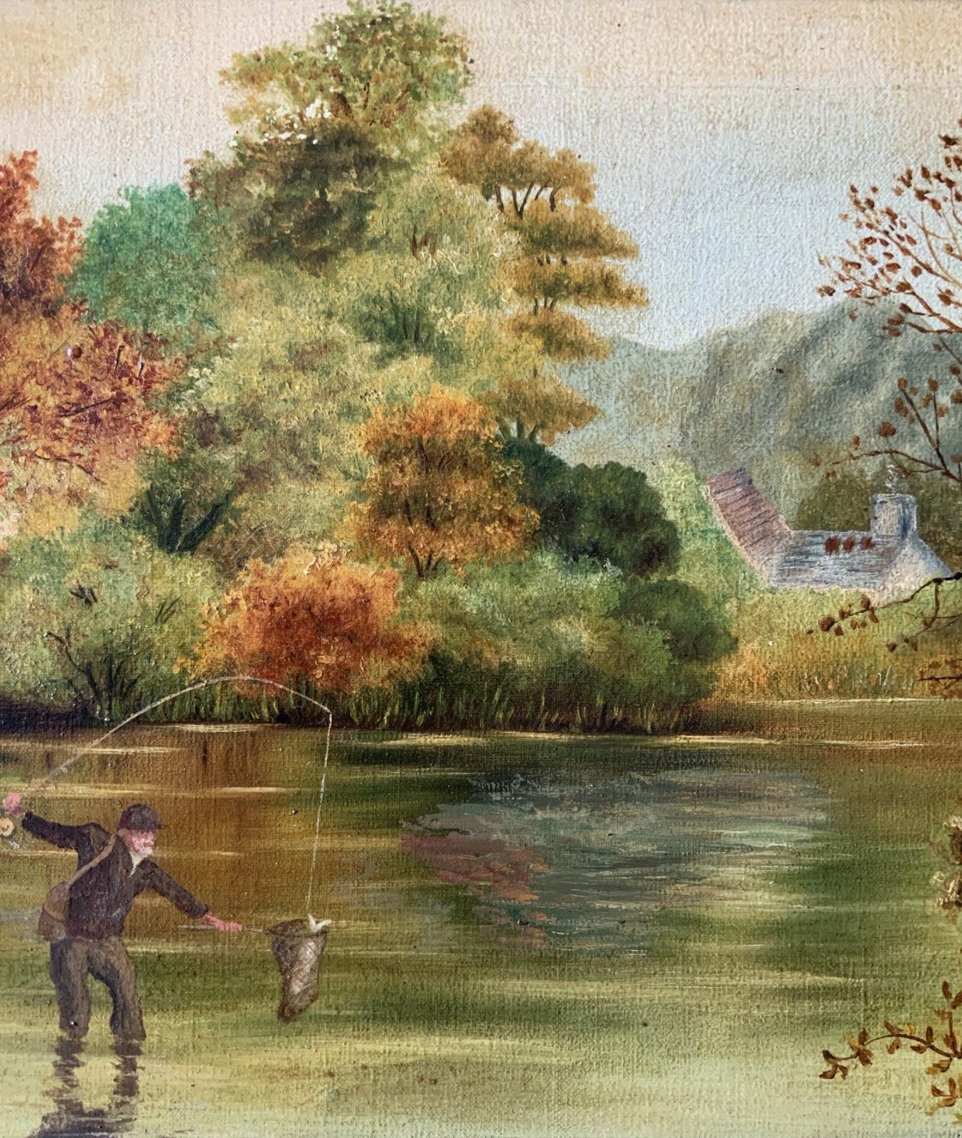 Edwardian Antique Trout Fishing Landscape Oil Painting Signed Original C.1908 photo vinterior