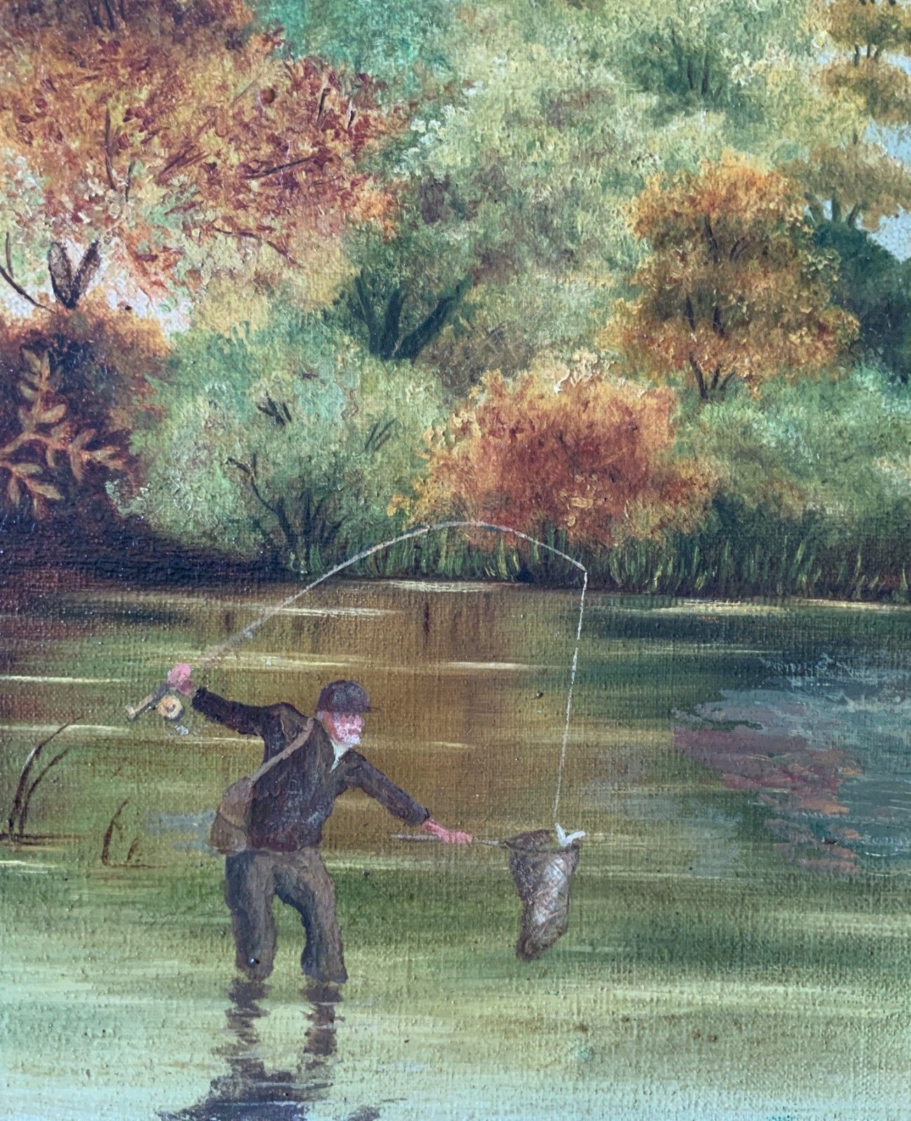 Edwardian Antique Trout Fishing Landscape Oil Painting Signed Original C.1908 photo vintage