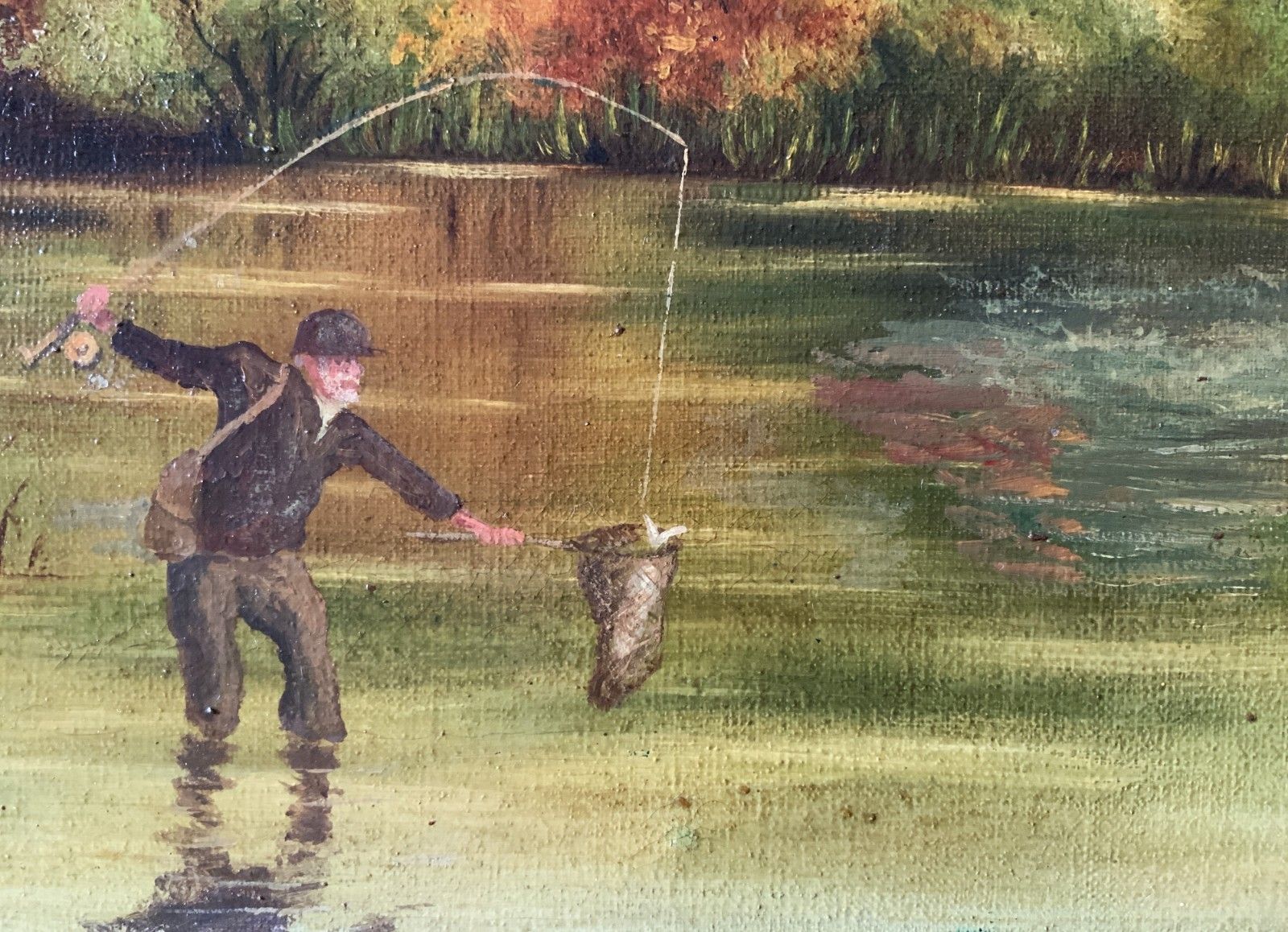 photo furniture Edwardian Antique Trout Fishing Landscape Oil Painting Signed Original C.1908