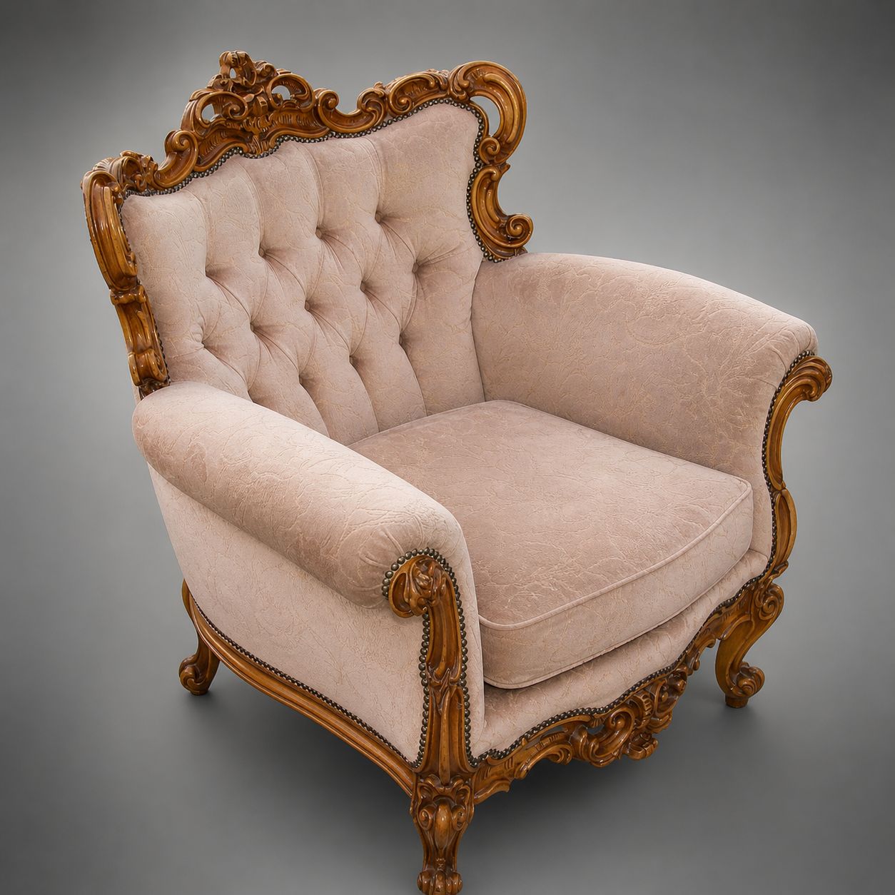 Vintage Franse Fauteuil, Jaren 1960, Gesneden Hout, Veren